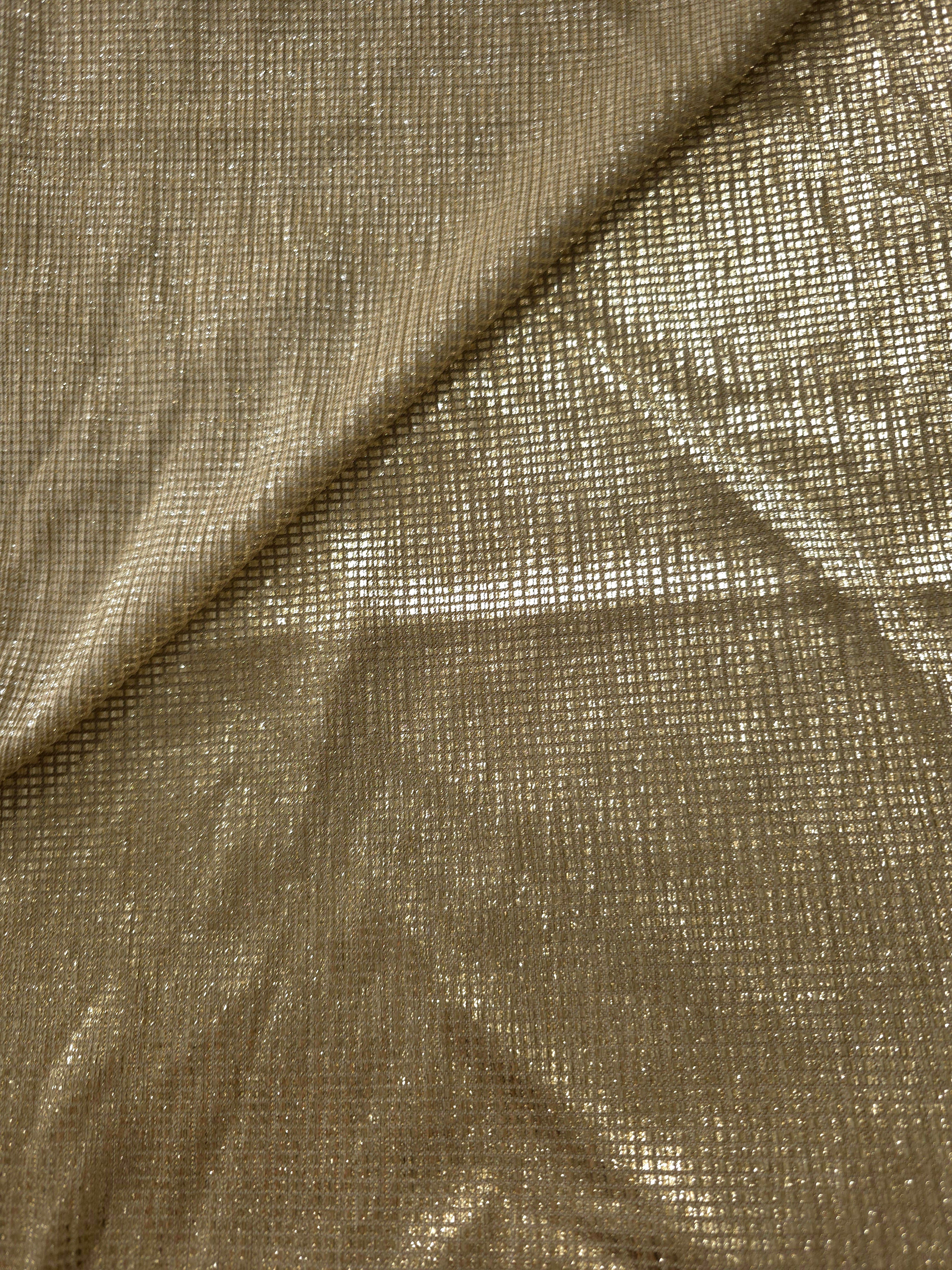 Front and back of Champagne Gold Sheer Square Shimmer Stretch Tulle Fabric showing square motif, sheer knit base and flexible stretch