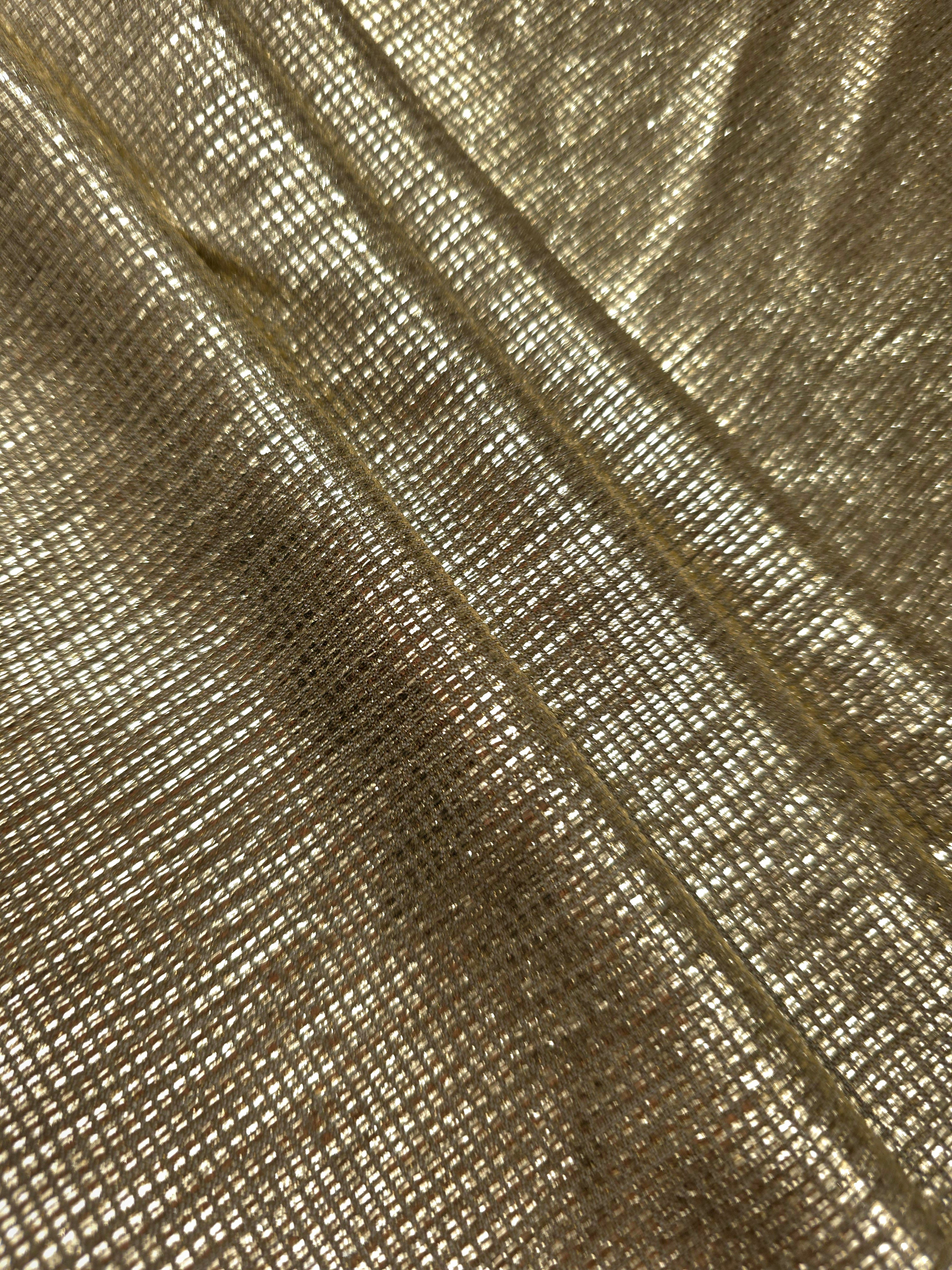 Layered Champagne Gold Sheer Square Shimmer Stretch Tulle Fabric showing overlapping geometry, denser shimmer and translucent depth