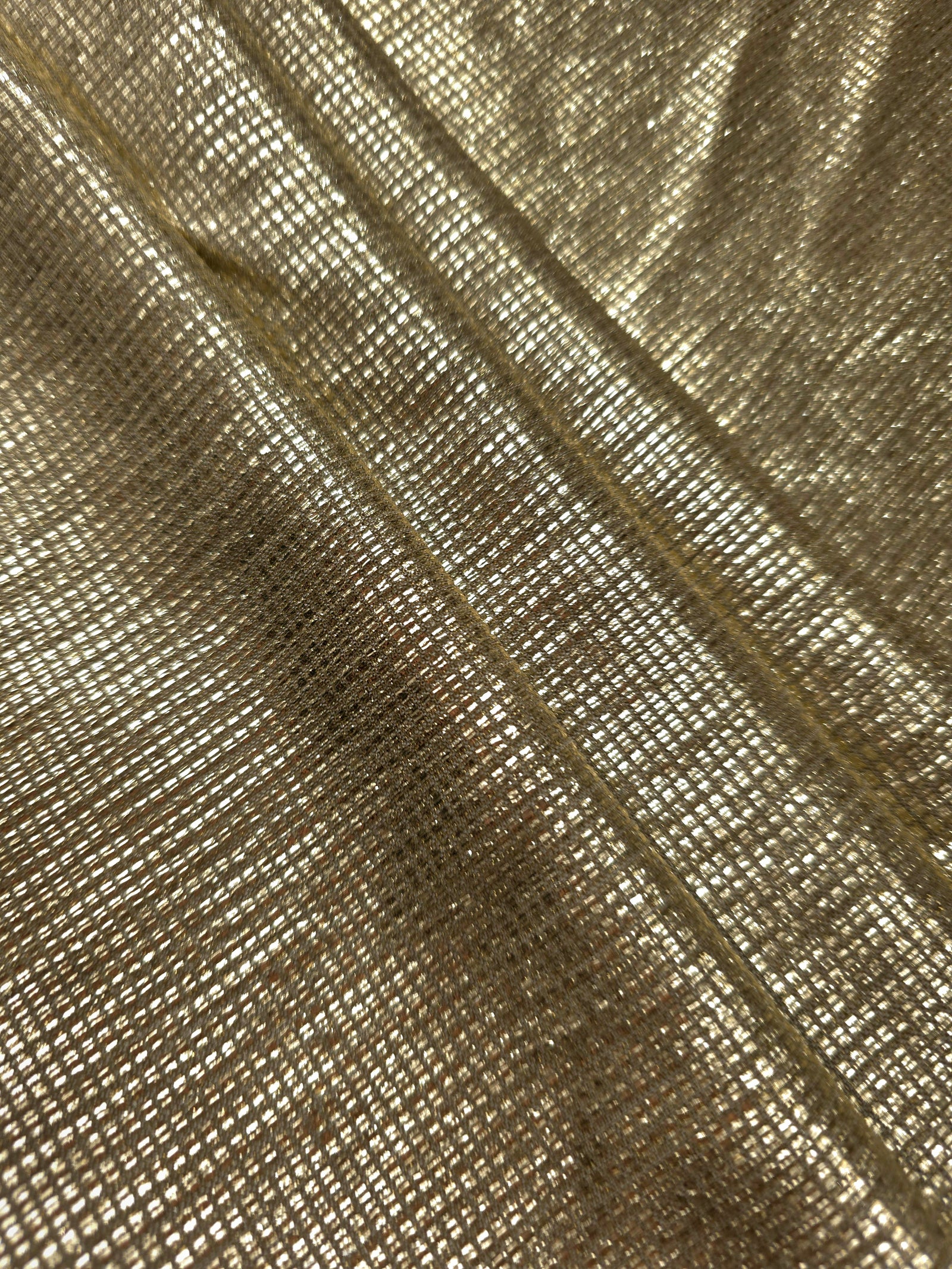 Layered Champagne Gold Sheer Square Shimmer Stretch Tulle Fabric showing overlapping geometry, denser shimmer and translucent depth
