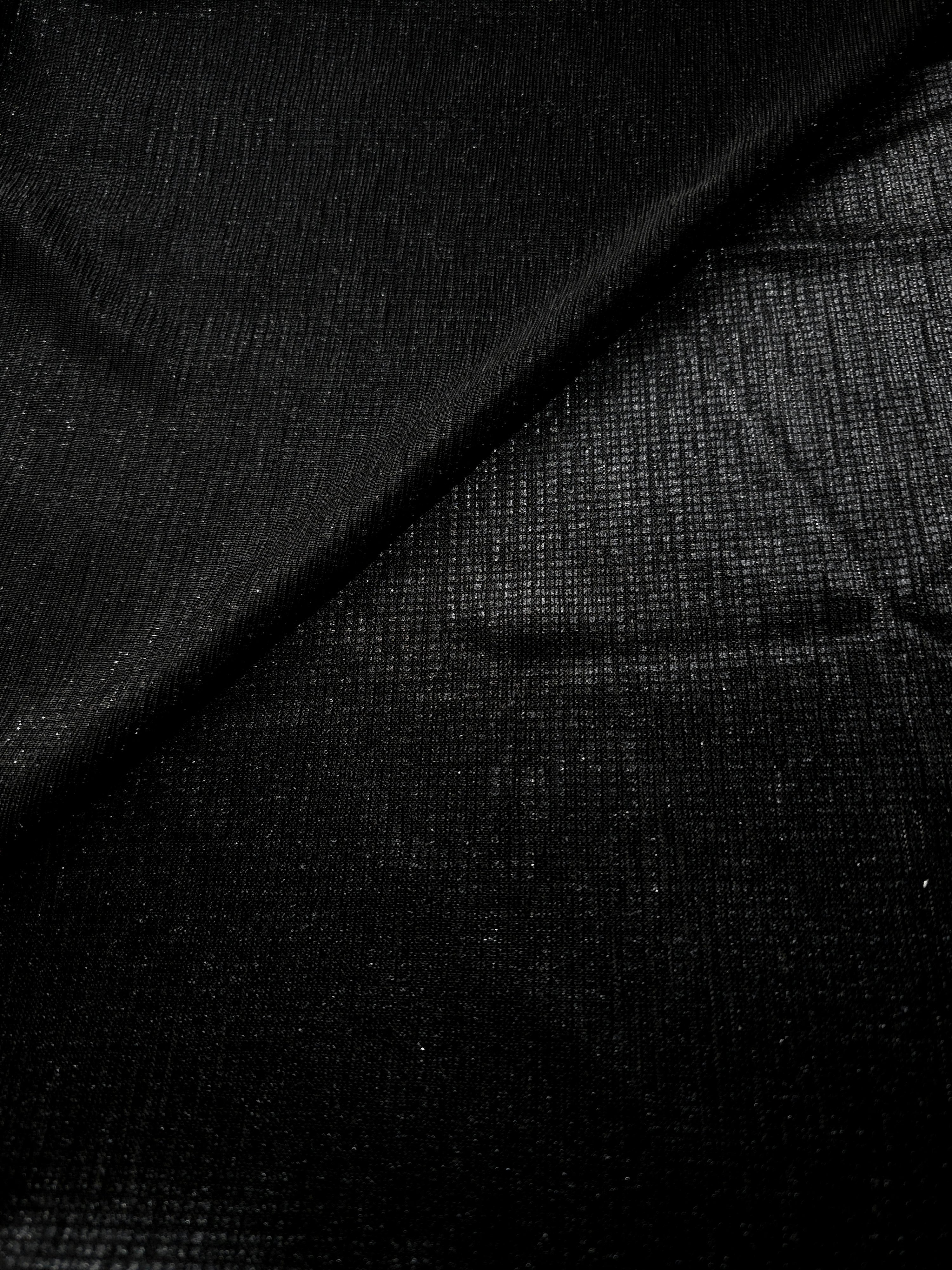 Front and back of Charcoal Silver Sheer Square Shimmer Stretch Tulle Fabric showing square motif, sheer knit base and flexible stretch