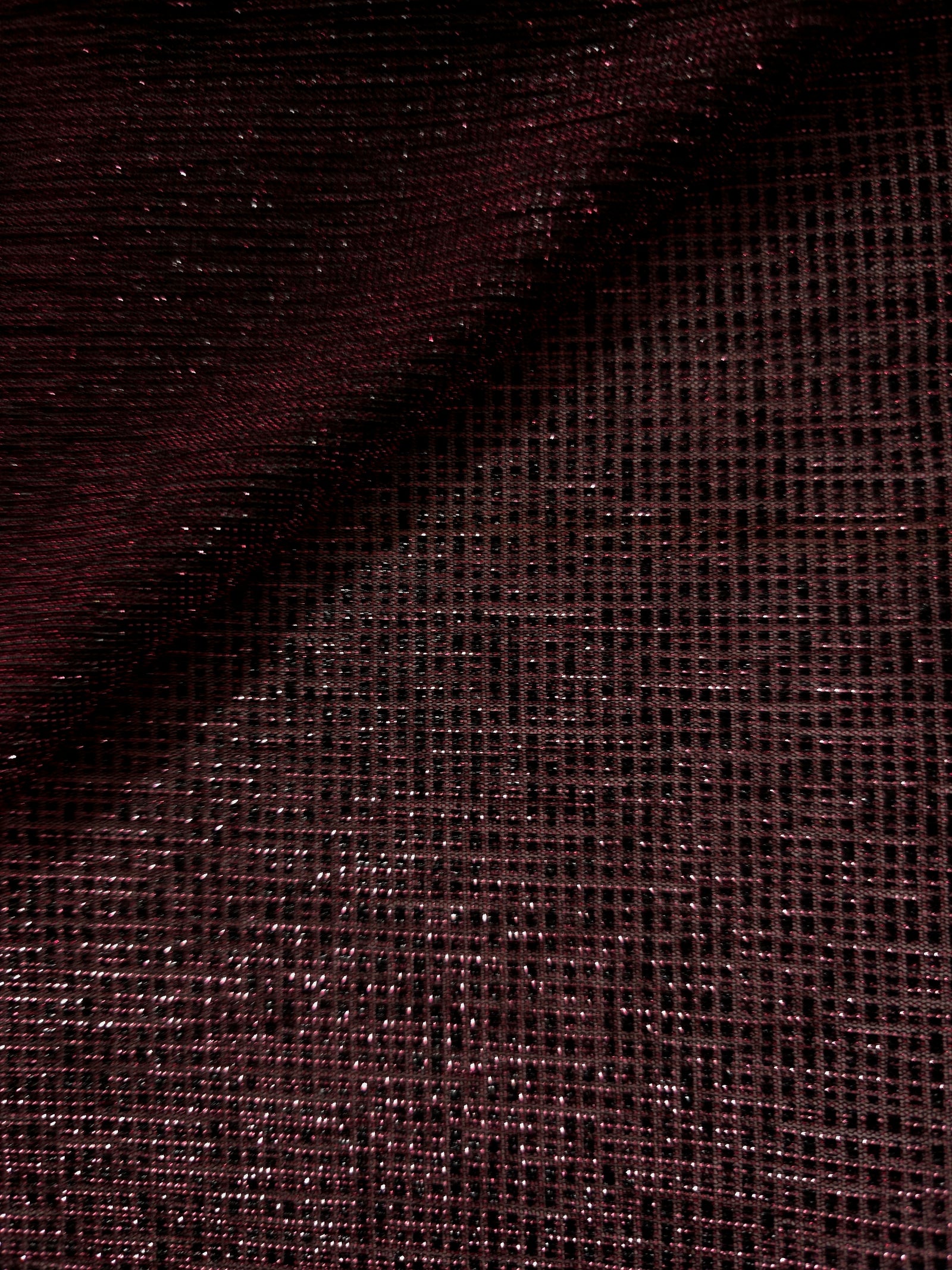 Front and back of Dark Pink Sheer Square Shimmer Stretch Tulle Fabric showing square motif, sheer knit base and flexible stretch