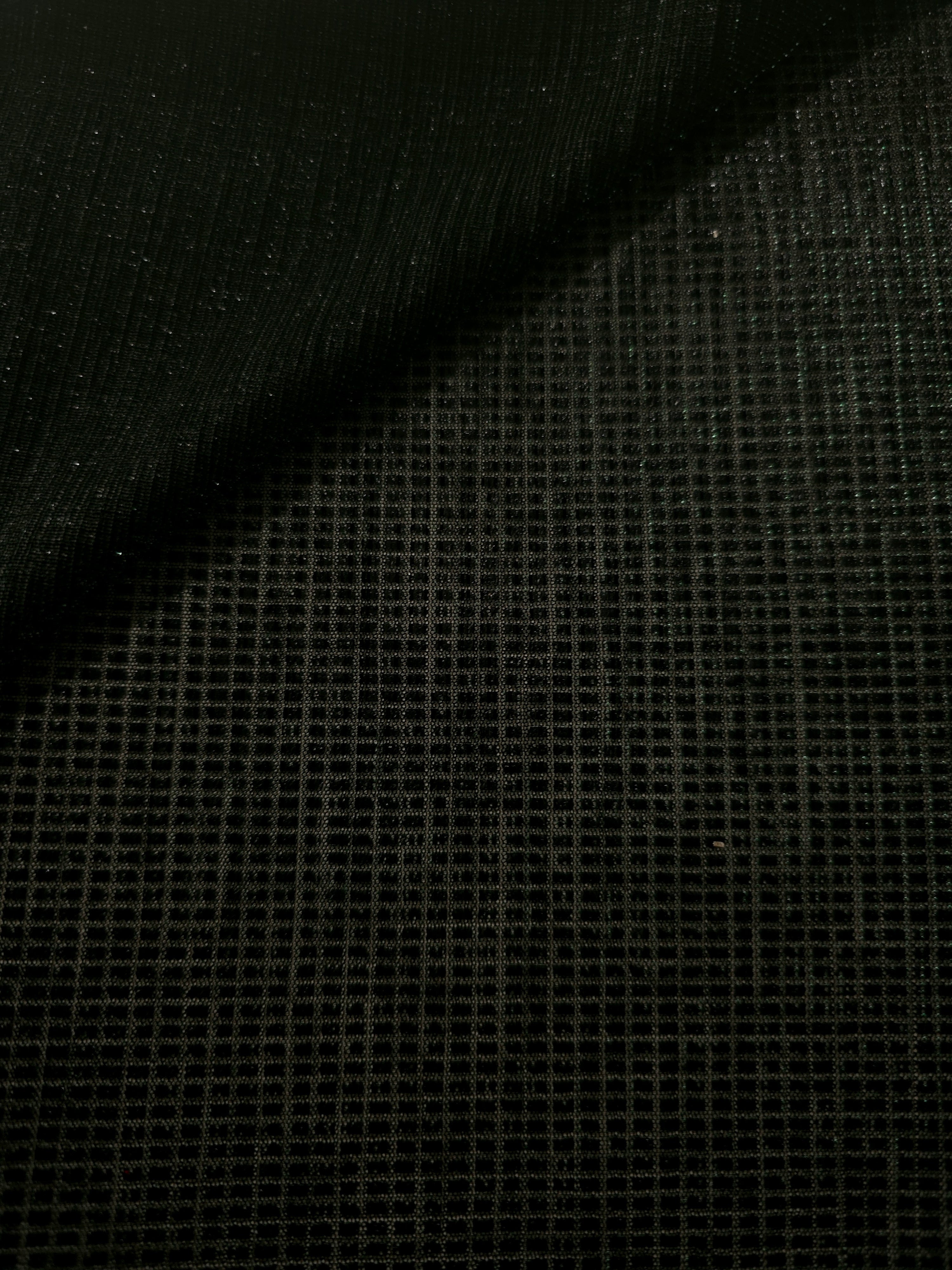 Front and back of Deep Emerald Sheer Square Shimmer Stretch Tulle Fabric showing square motif, sheer knit base and flexible stretch