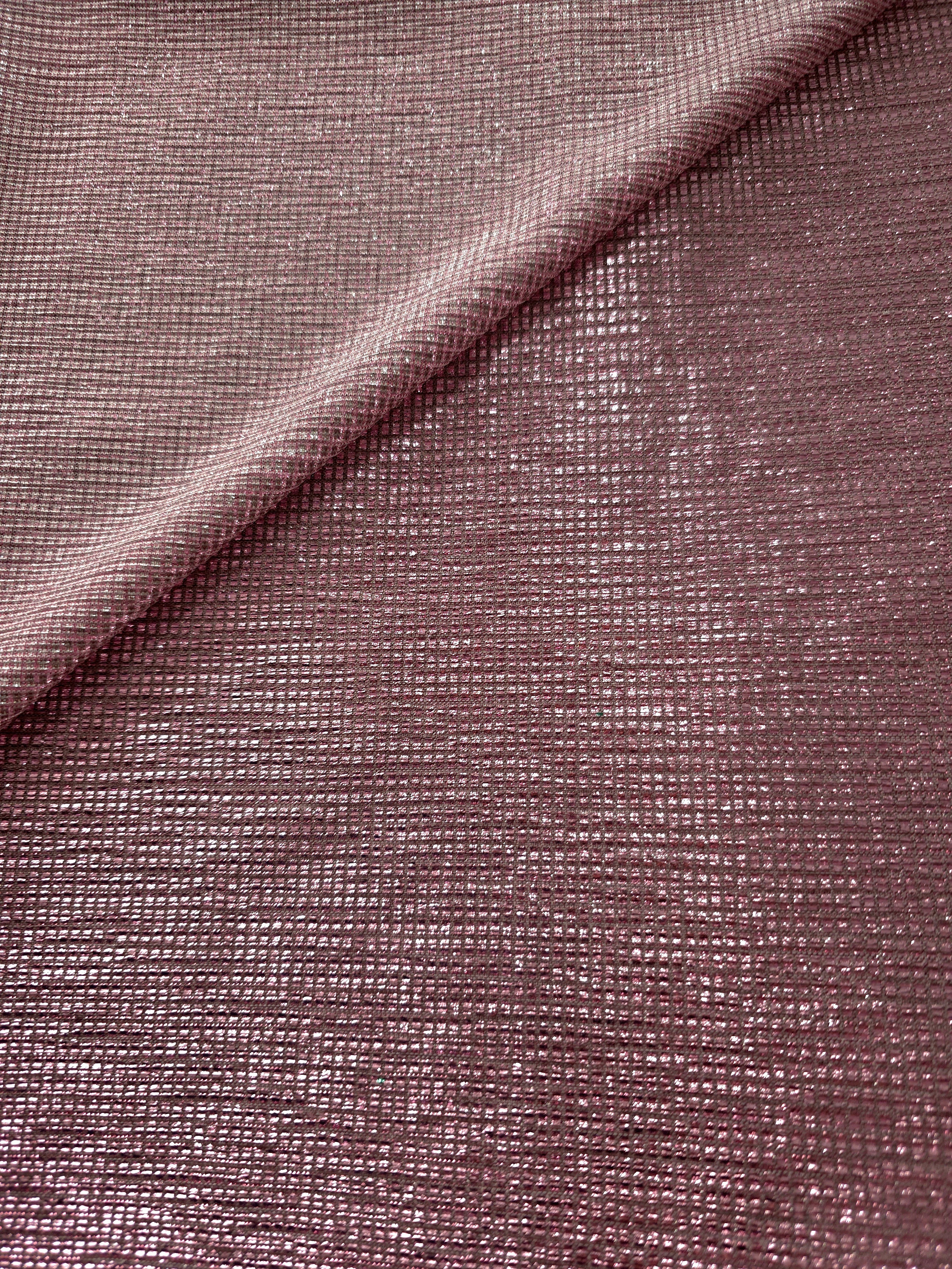 Front and back of Dusty Mauve Sheer Square Shimmer Stretch Tulle Fabric showing square motif, sheer knit base and flexible stretch