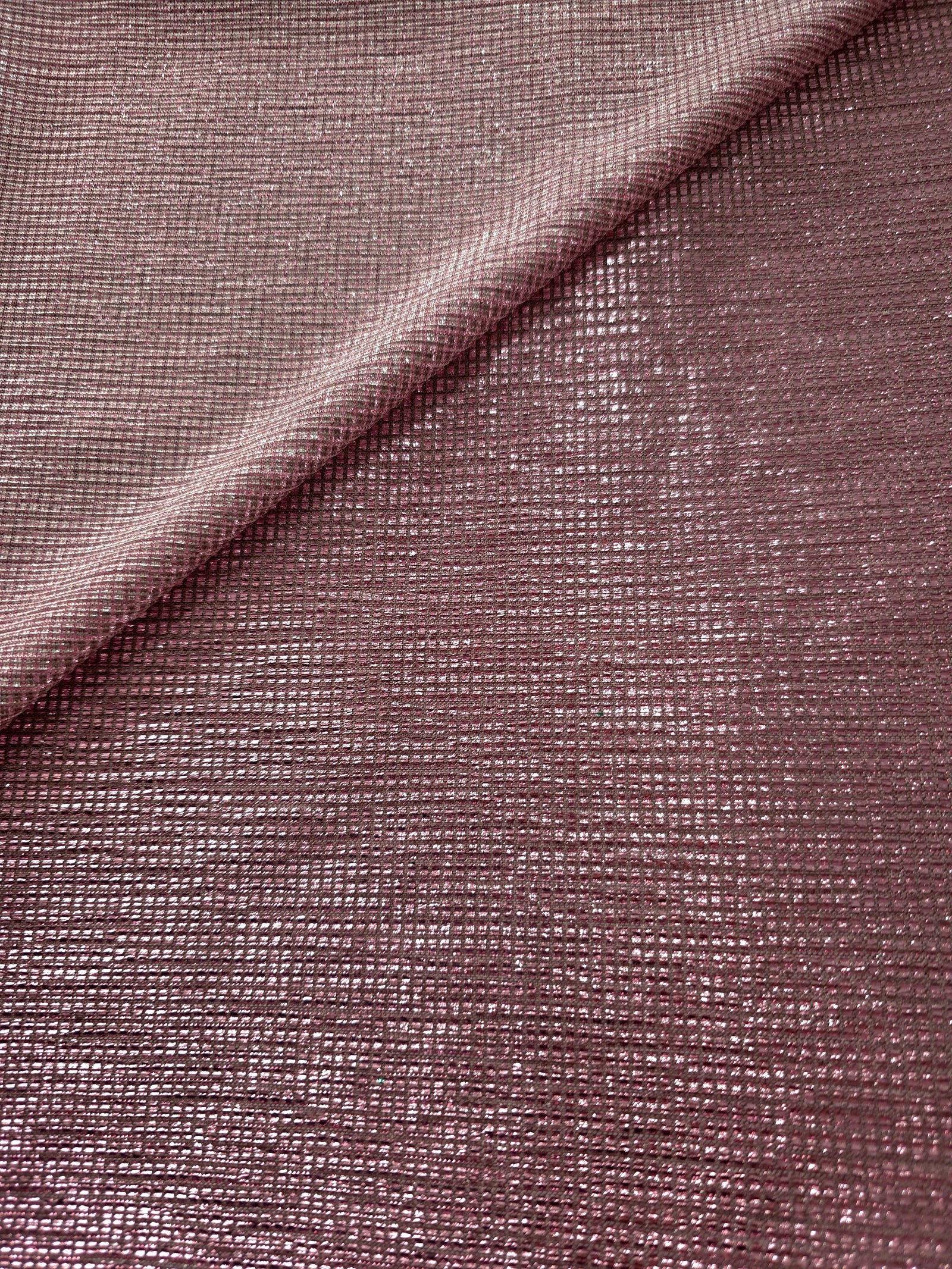 Front and back of Dusty Mauve Sheer Square Shimmer Stretch Tulle Fabric showing square motif, sheer knit base and flexible stretch
