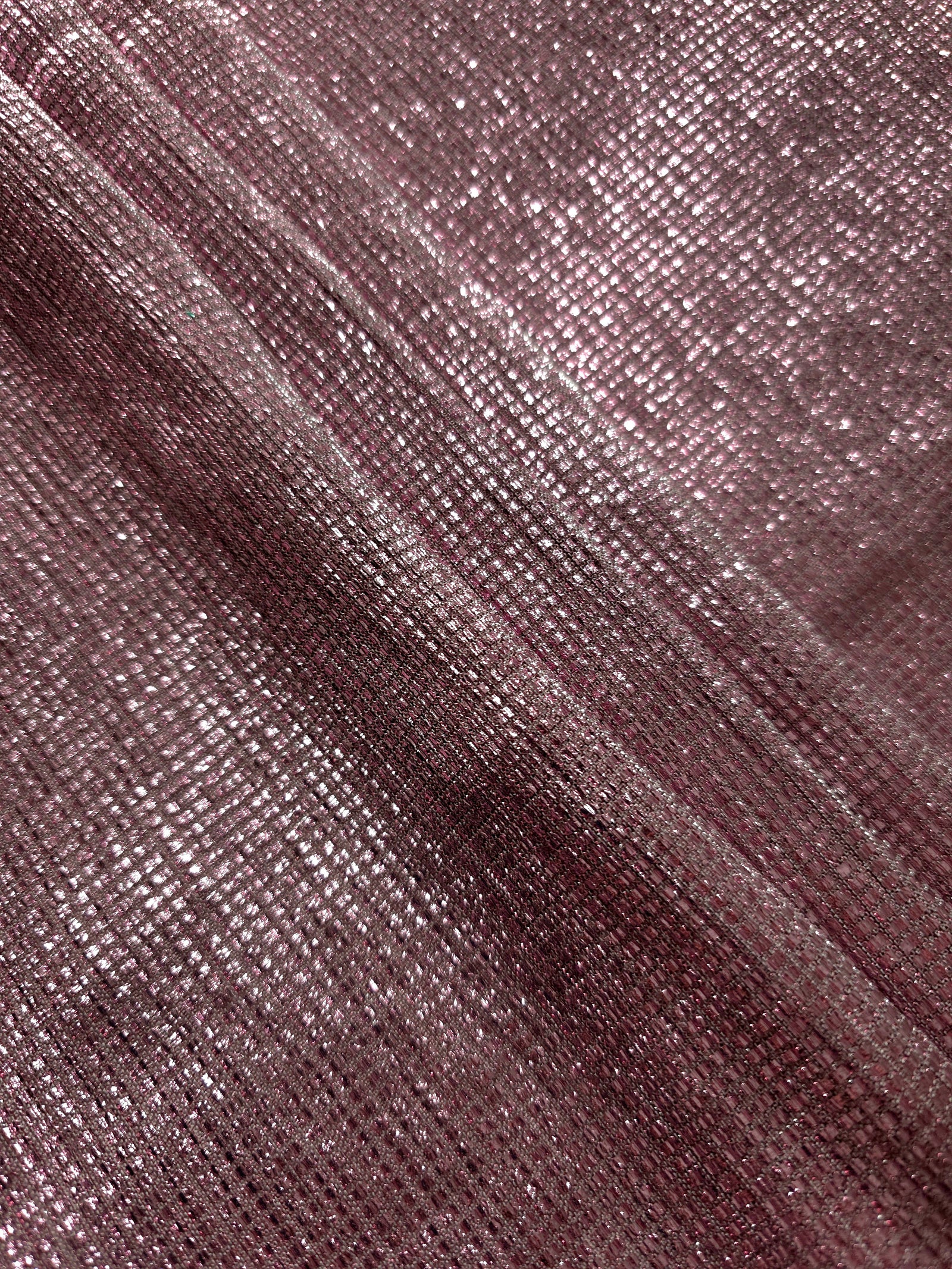 Layered Dusty Mauve Sheer Square Shimmer Stretch Tulle Fabric showing overlapping geometry, denser shimmer and translucent depth