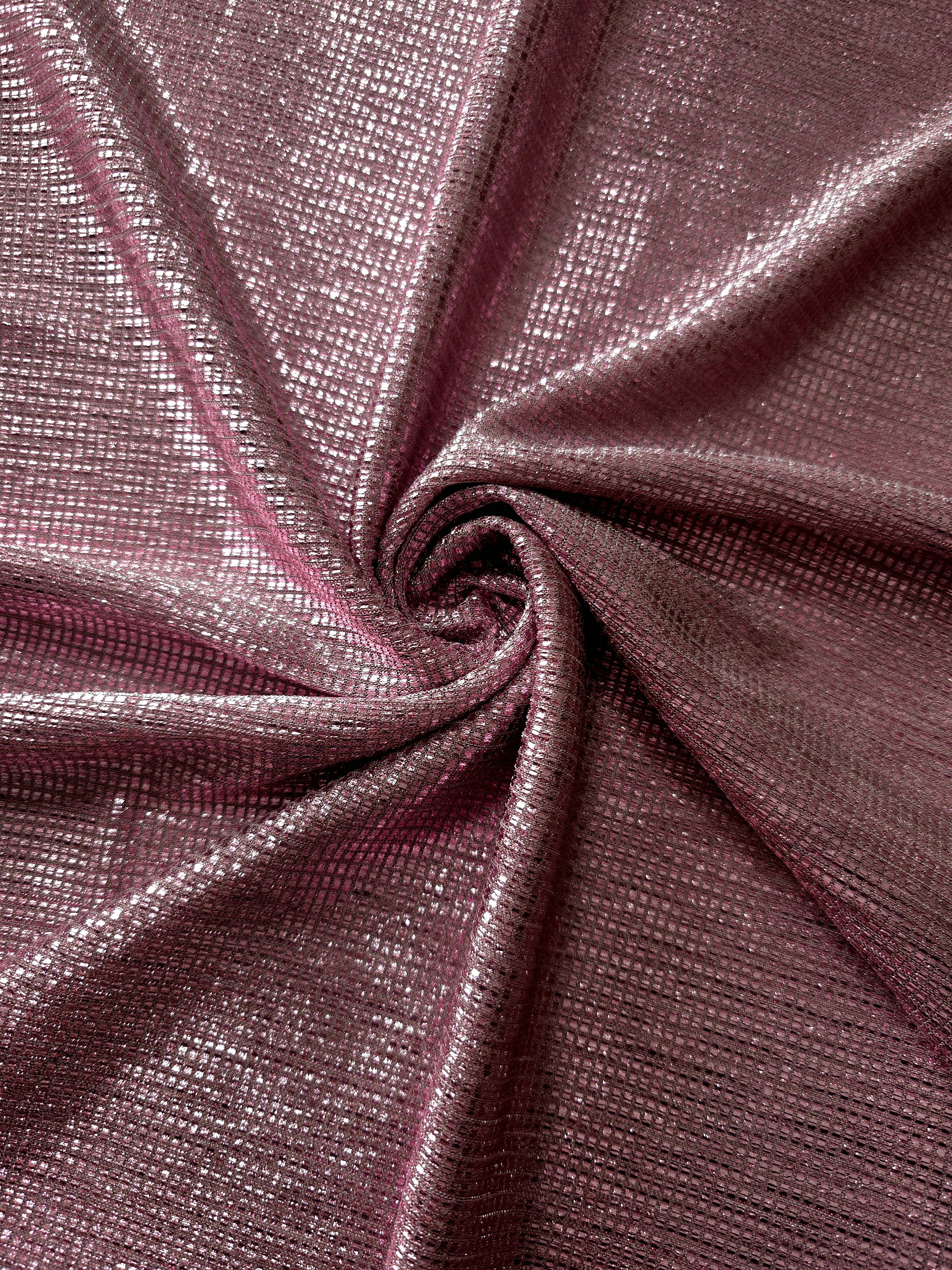 Swirl-draped Dusty Mauve Sheer Square Shimmer Stretch Tulle Fabric showing structured square reflections moving through soft folds
