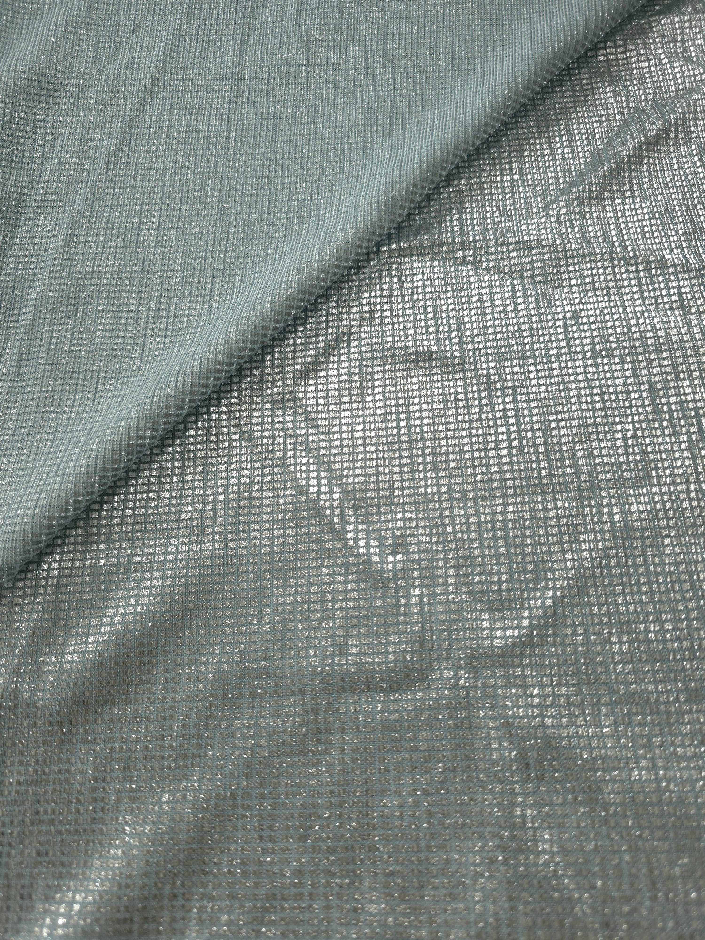 Front and back of Icy Silver Sheer Square Shimmer Stretch Tulle Fabric showing square motif, sheer knit base and flexible stretch