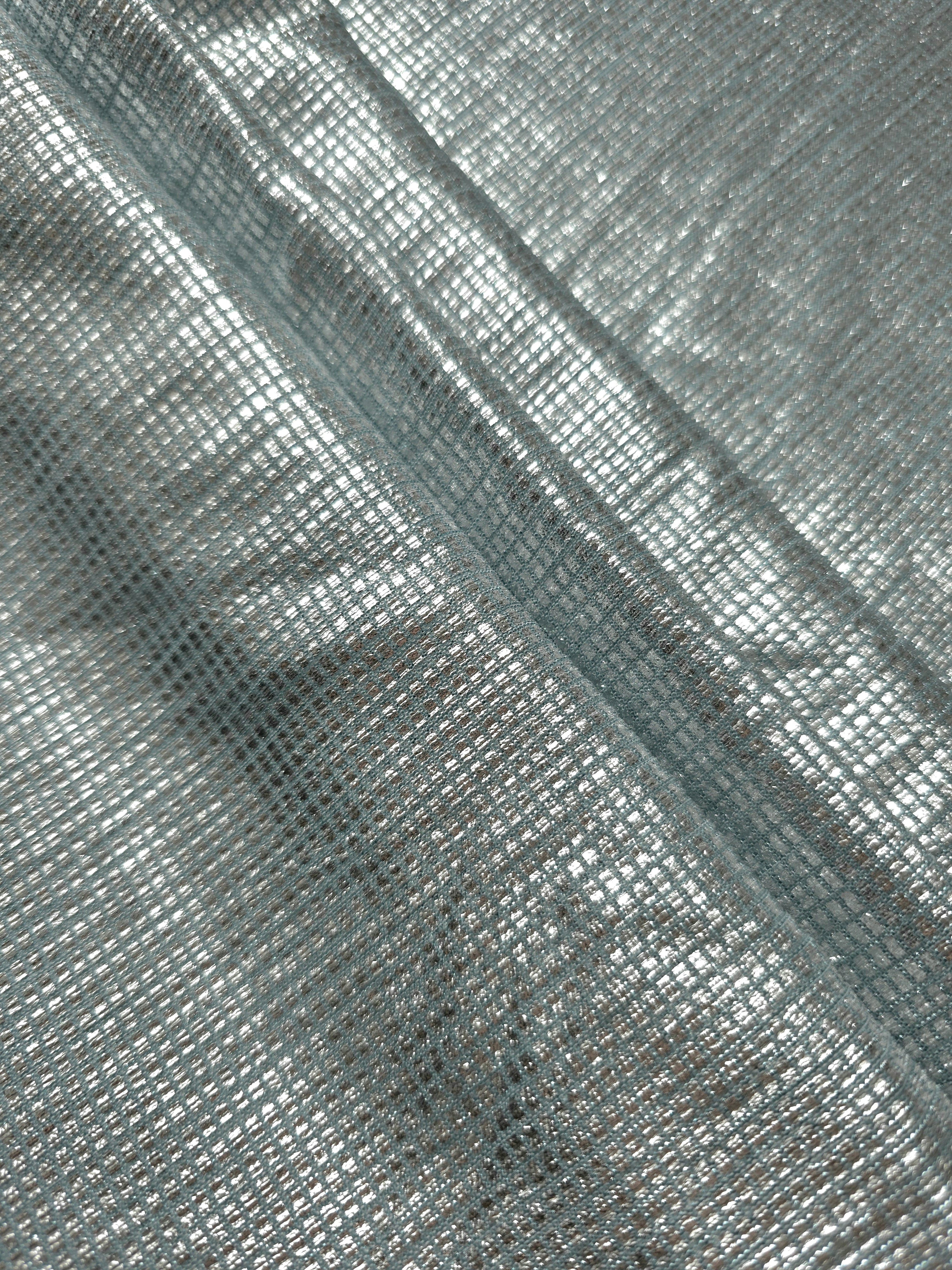 Layered Icy Silver Sheer Square Shimmer Stretch Tulle Fabric showing overlapping geometry, denser shimmer and translucent depth