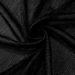 Swirl-draped Jet Black Sheer Square Shimmer Stretch Tulle Fabric showing structured square reflections moving through soft folds
