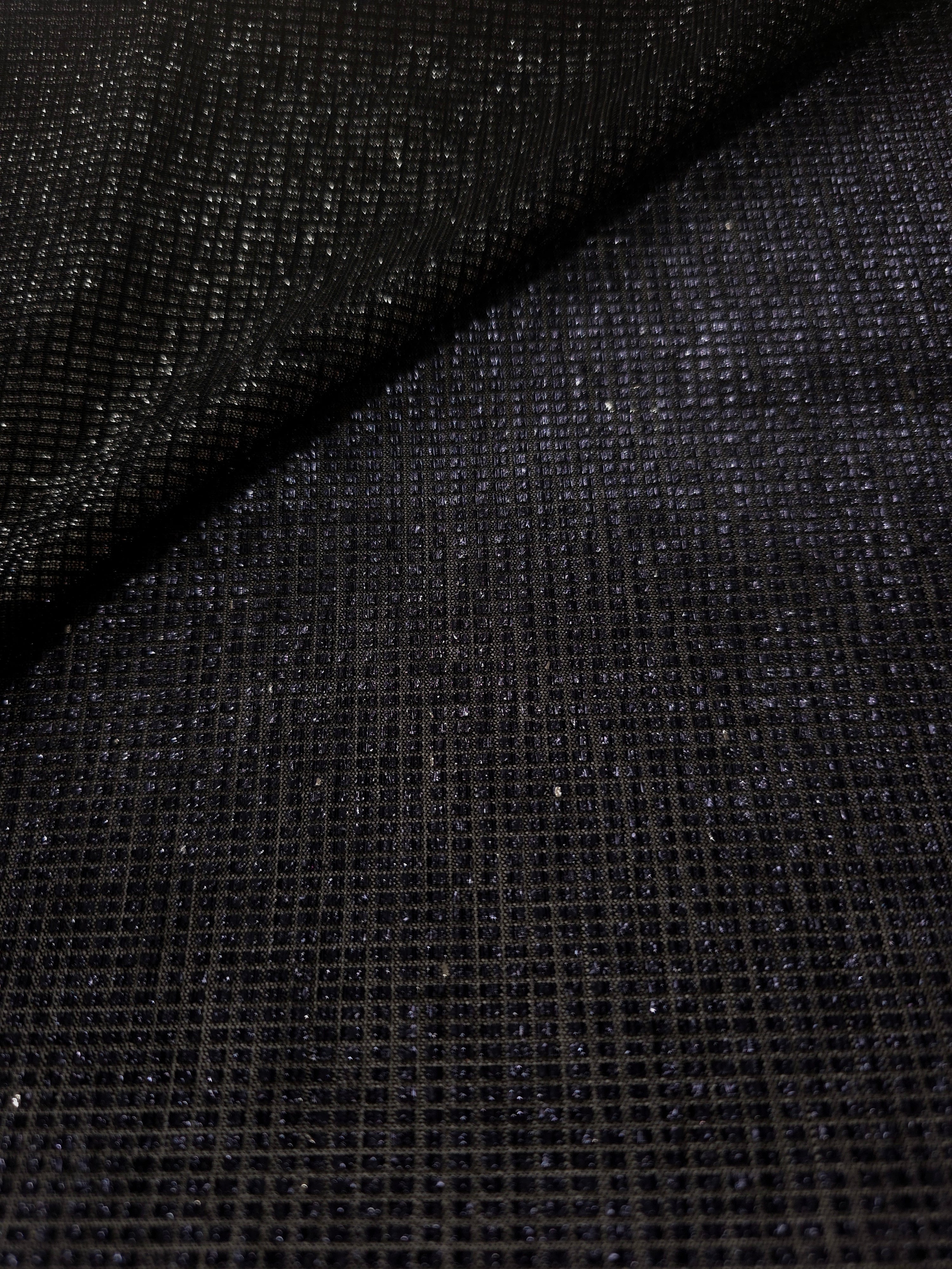 Front and back of Midnight Indigo Sheer Square Shimmer Stretch Tulle Fabric showing square motif, sheer knit base and flexible stretch