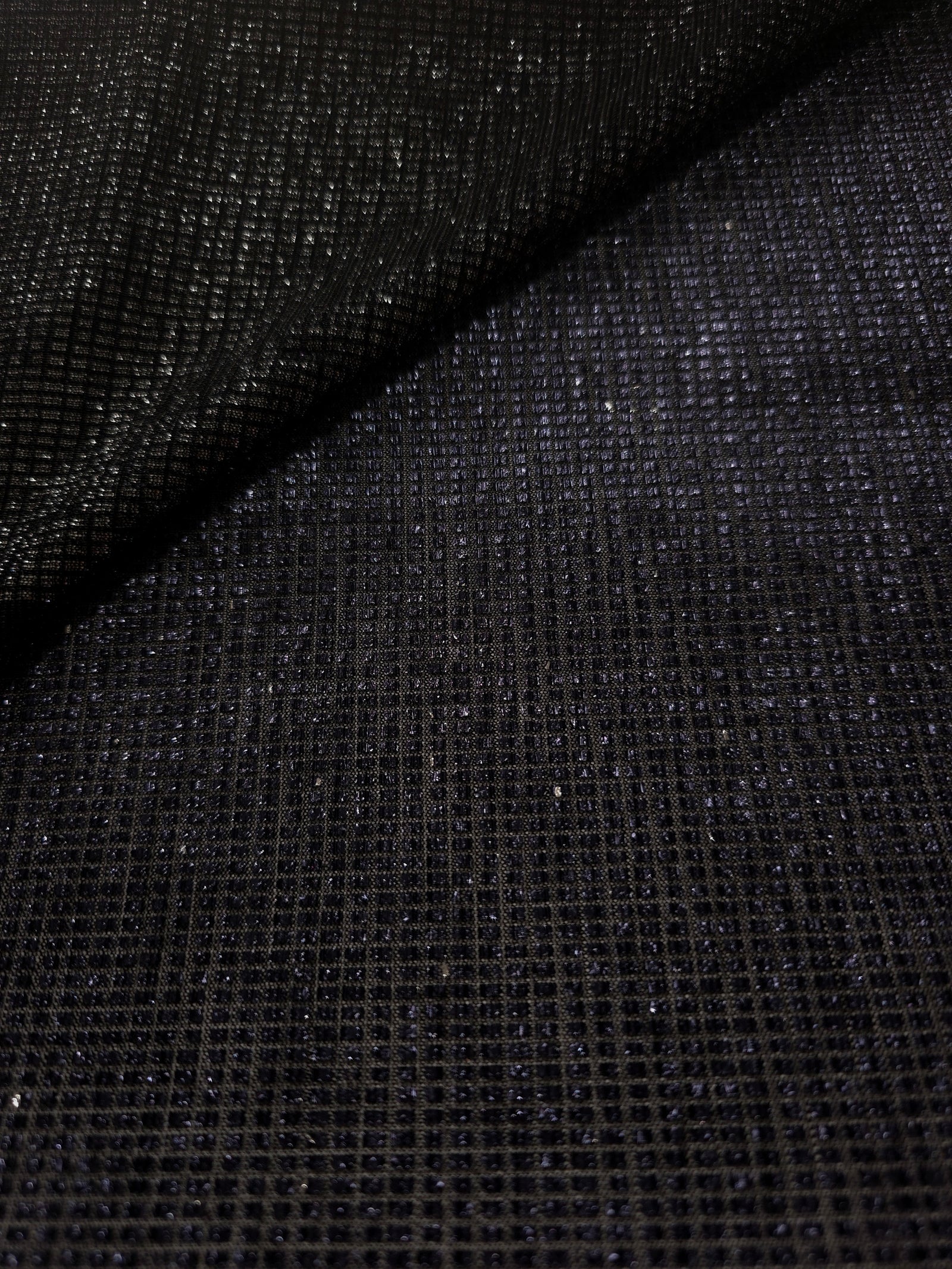 Front and back of Midnight Indigo Sheer Square Shimmer Stretch Tulle Fabric showing square motif, sheer knit base and flexible stretch
