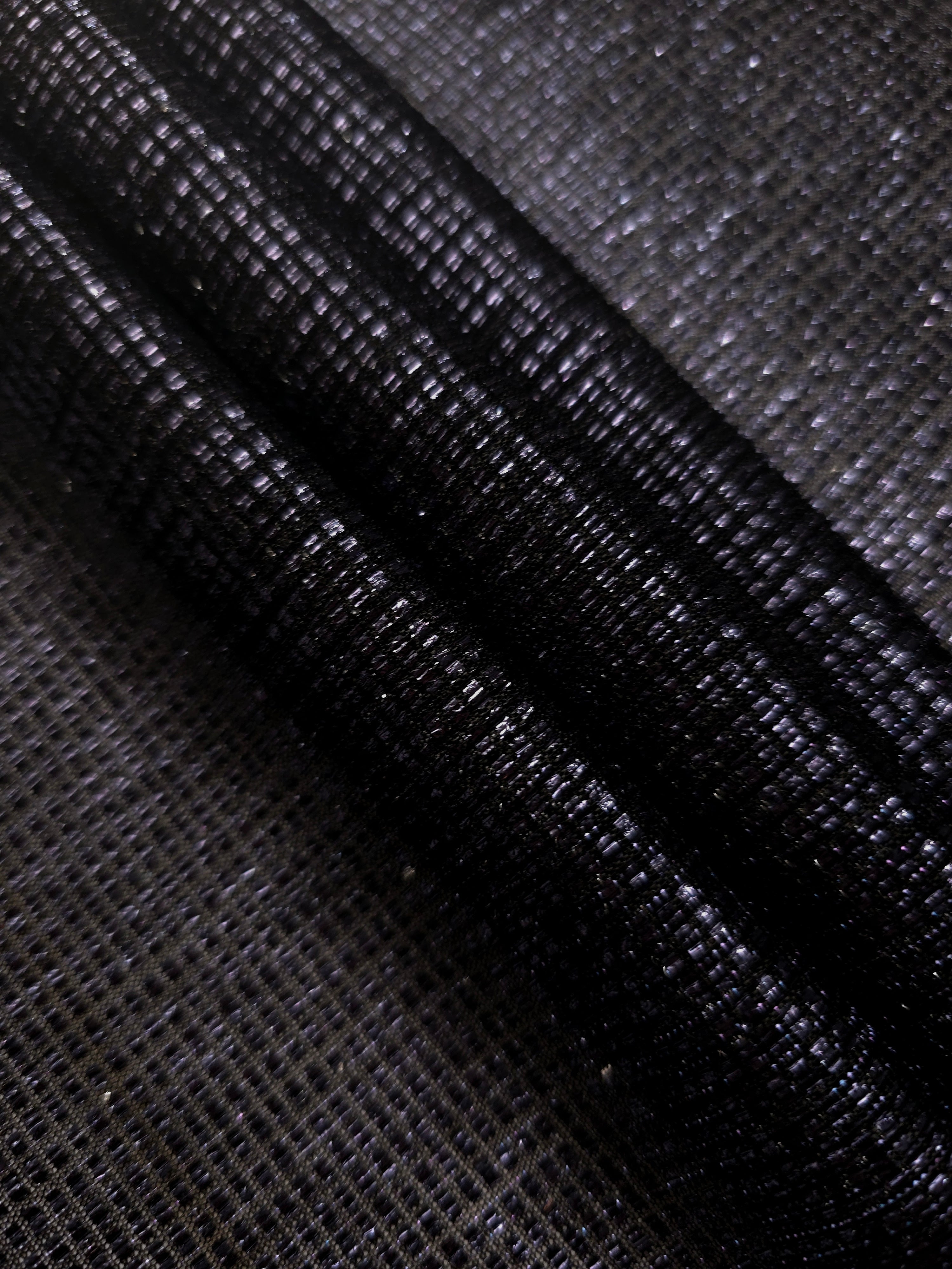 Layered Midnight Indigo Sheer Square Shimmer Stretch Tulle Fabric showing overlapping geometry, denser shimmer and translucent depth
