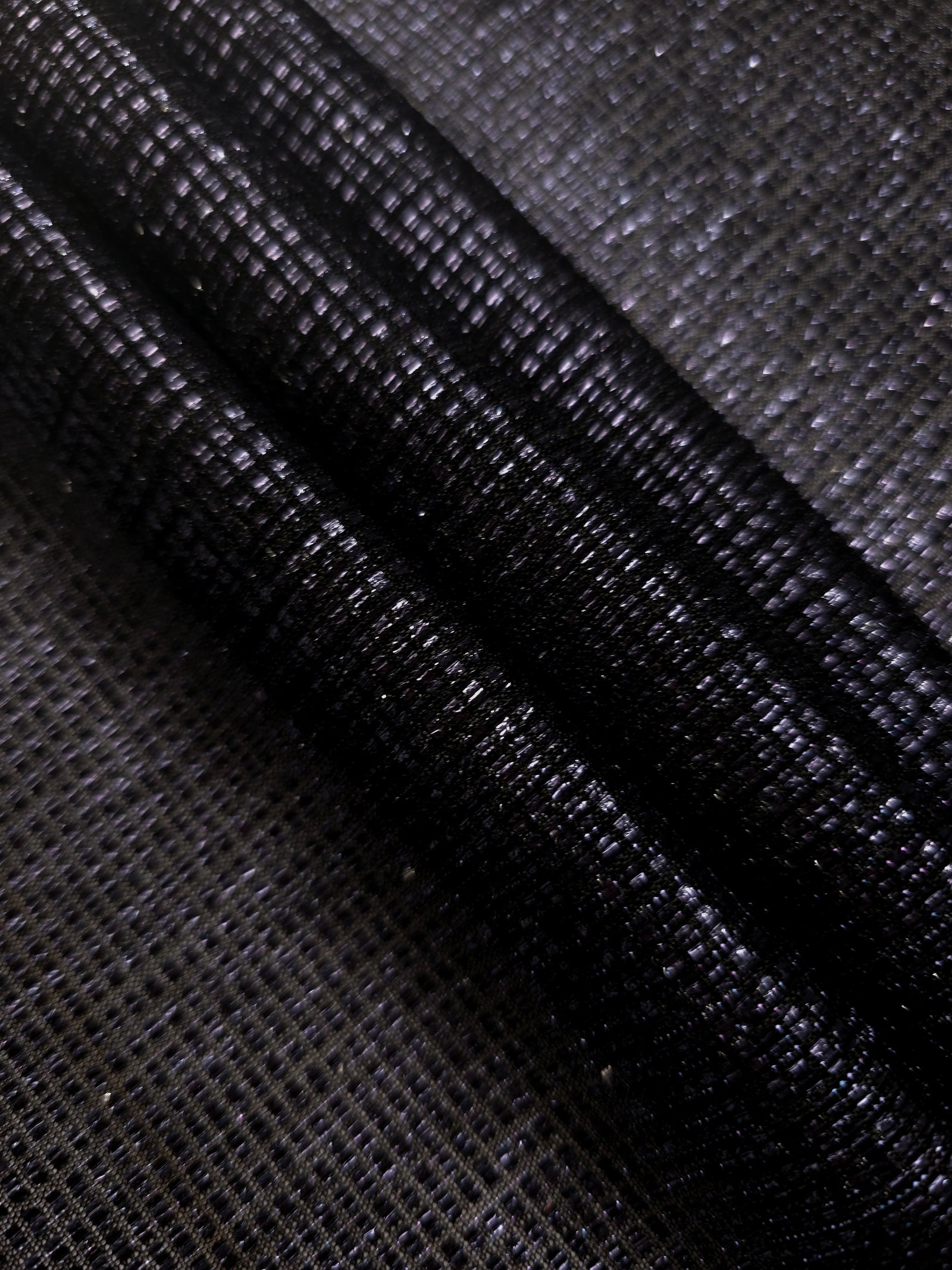 Layered Midnight Indigo Sheer Square Shimmer Stretch Tulle Fabric showing overlapping geometry, denser shimmer and translucent depth