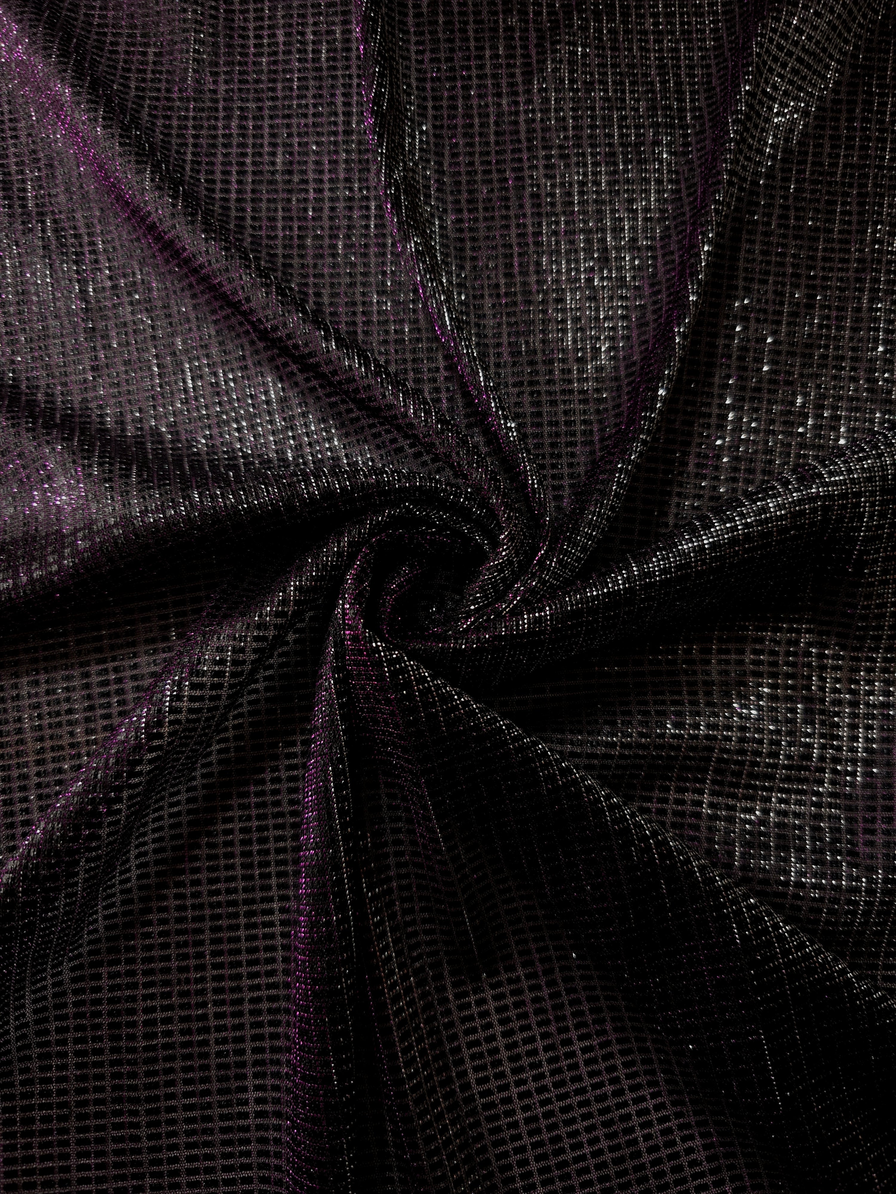 Draped Plum Violet Sheer Square Shimmer Stretch Tulle Fabric showing a geometric reflective grid across fluid folds