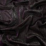 Front and back of Plum Violet Sheer Square Shimmer Stretch Tulle Fabric showing square motif, sheer knit base and flexible stretch