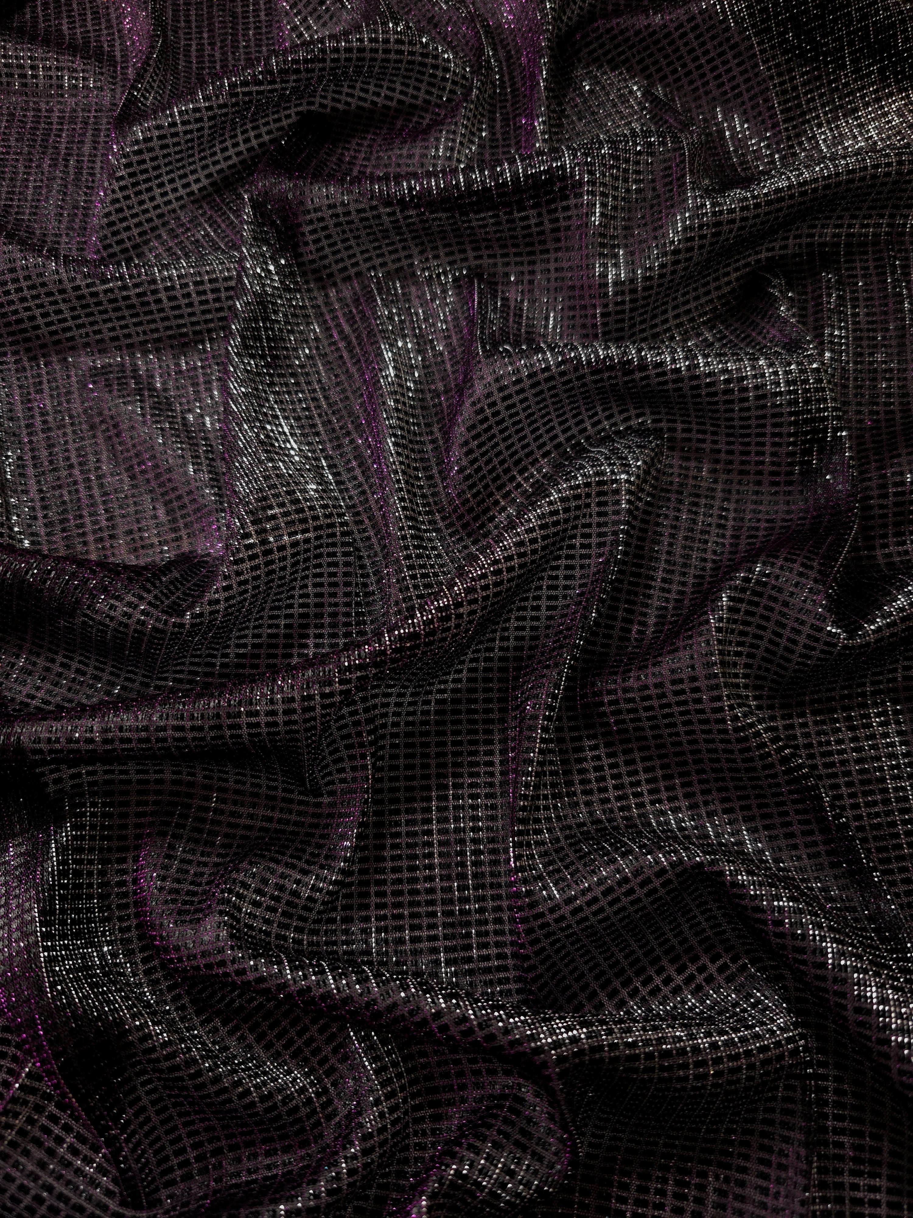 Front and back of Plum Violet Sheer Square Shimmer Stretch Tulle Fabric showing square motif, sheer knit base and flexible stretch