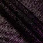 Swirl-draped Plum Violet Sheer Square Shimmer Stretch Tulle Fabric showing structured square reflections moving through soft folds
