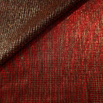 Front and back of Ruby Red Sheer Square Shimmer Stretch Tulle Fabric showing square motif, sheer knit base and flexible stretch