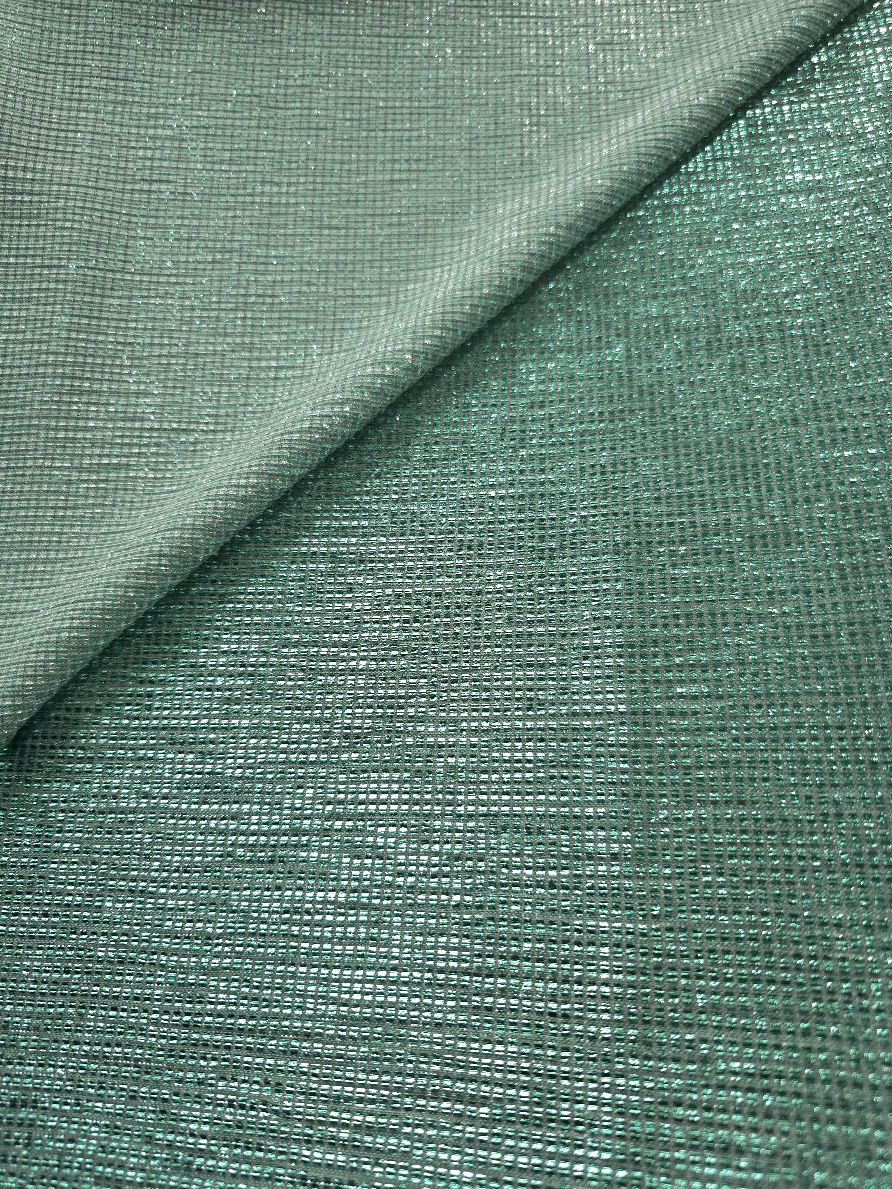 Front and back of Sage Green Sheer Square Shimmer Stretch Tulle Fabric showing square motif, sheer knit base and flexible stretch