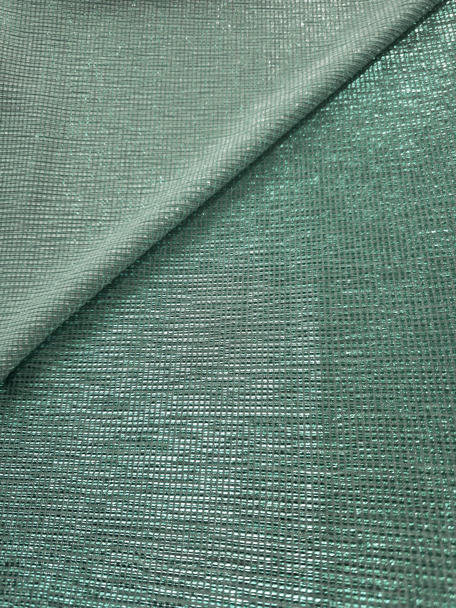 Front and back of Sage Green Sheer Square Shimmer Stretch Tulle Fabric showing square motif, sheer knit base and flexible stretch