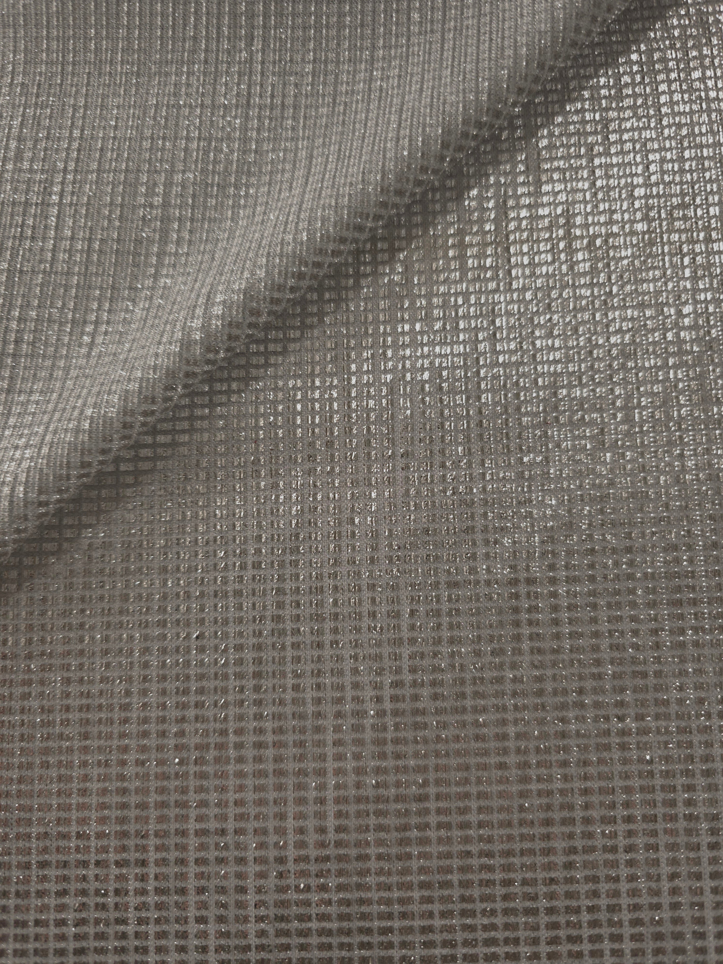 Front and back of Silver Gray Sheer Square Shimmer Stretch Tulle Fabric showing square motif, sheer knit base and flexible stretch