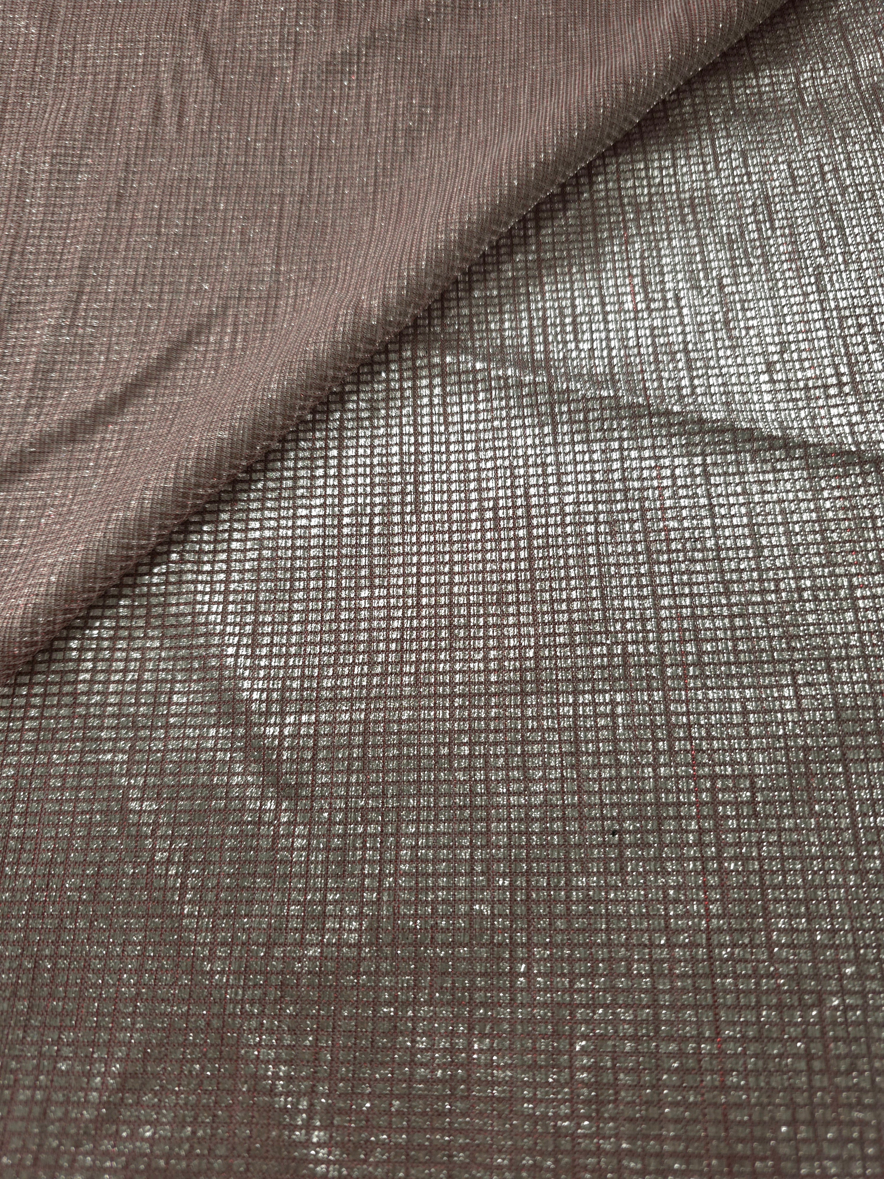 Front and back of Silver Red Sheer Square Shimmer Stretch Tulle Fabric showing square motif, sheer knit base and flexible stretch
