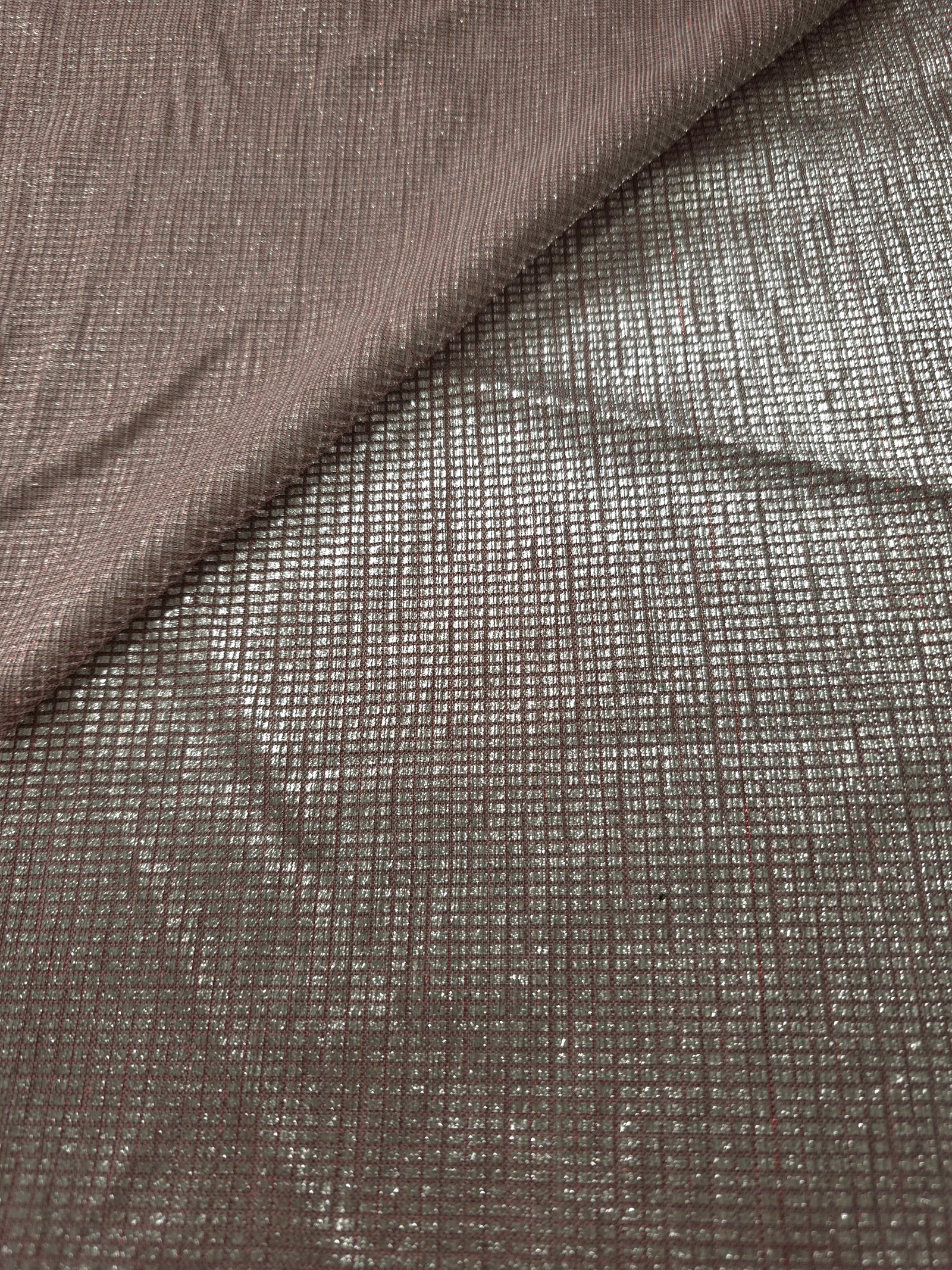 Front and back of Silver Red Sheer Square Shimmer Stretch Tulle Fabric showing square motif, sheer knit base and flexible stretch