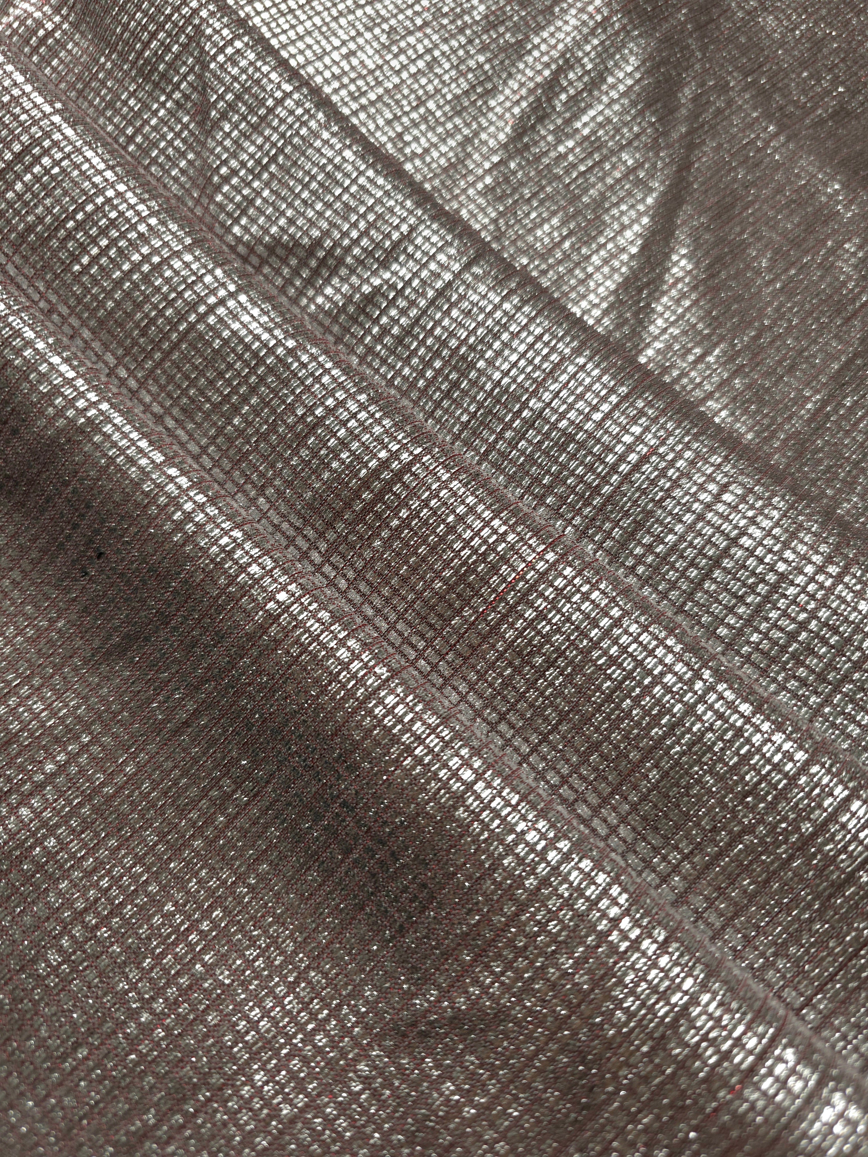 Layered Silver Red Sheer Square Shimmer Stretch Tulle Fabric showing overlapping geometry, denser shimmer and translucent depth