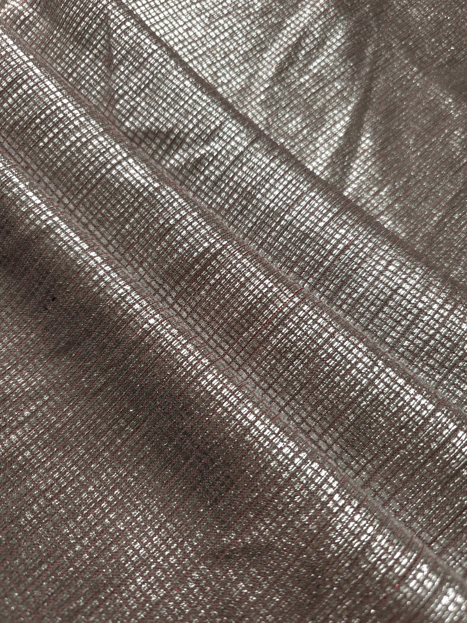 Layered Silver Red Sheer Square Shimmer Stretch Tulle Fabric showing overlapping geometry, denser shimmer and translucent depth