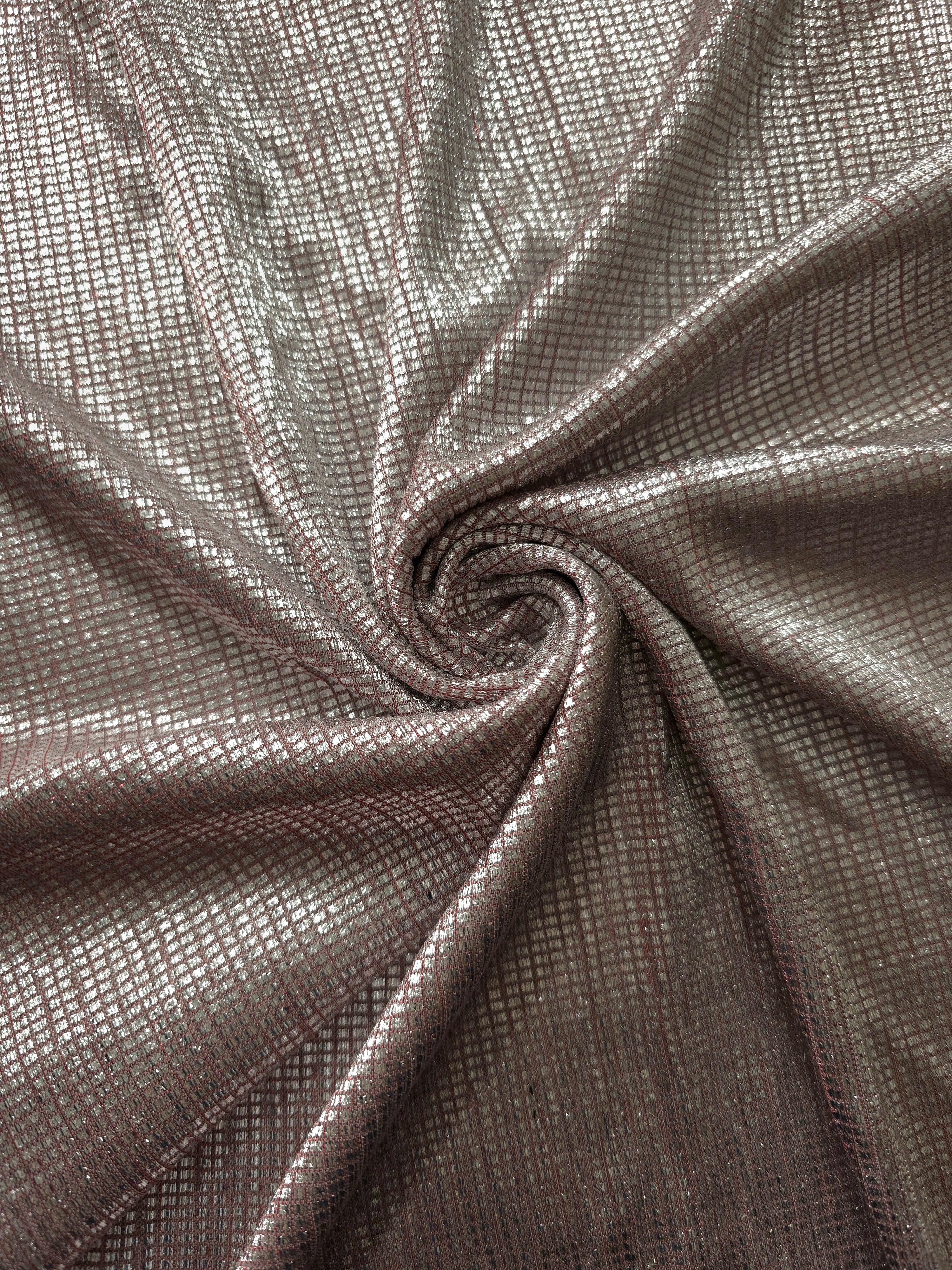 Swirl-draped Silver Red Sheer Square Shimmer Stretch Tulle Fabric showing structured square reflections moving through soft folds