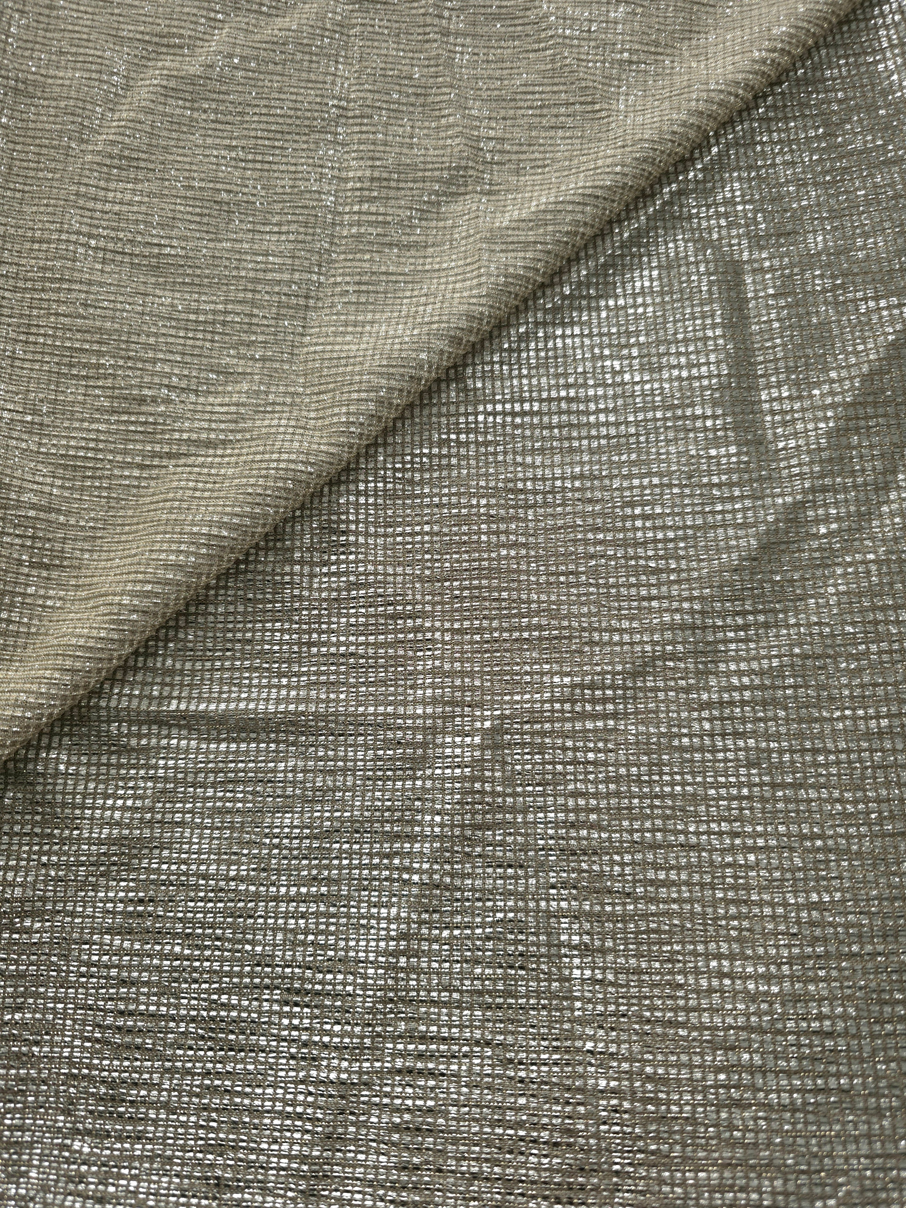 Front and back of Vanilla Cream Sheer Square Shimmer Stretch Tulle Fabric showing square motif, sheer knit base and flexible stretch
