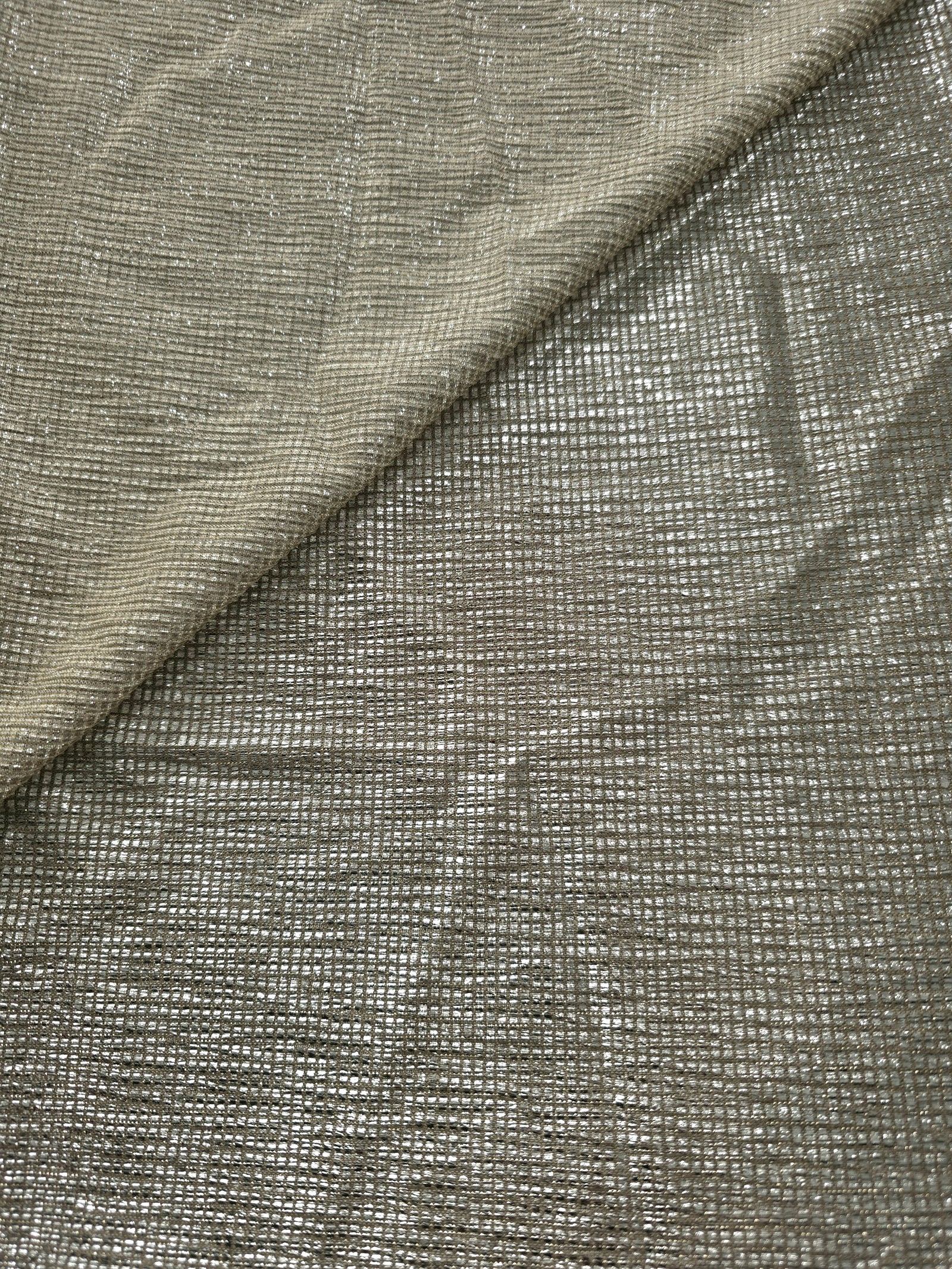 Front and back of Vanilla Cream Sheer Square Shimmer Stretch Tulle Fabric showing square motif, sheer knit base and flexible stretch