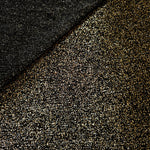 Front and back of Black Gold Sheer Glitter Stretch Tulle Fabric showing transparent knit construction and flexible 4-way stretch