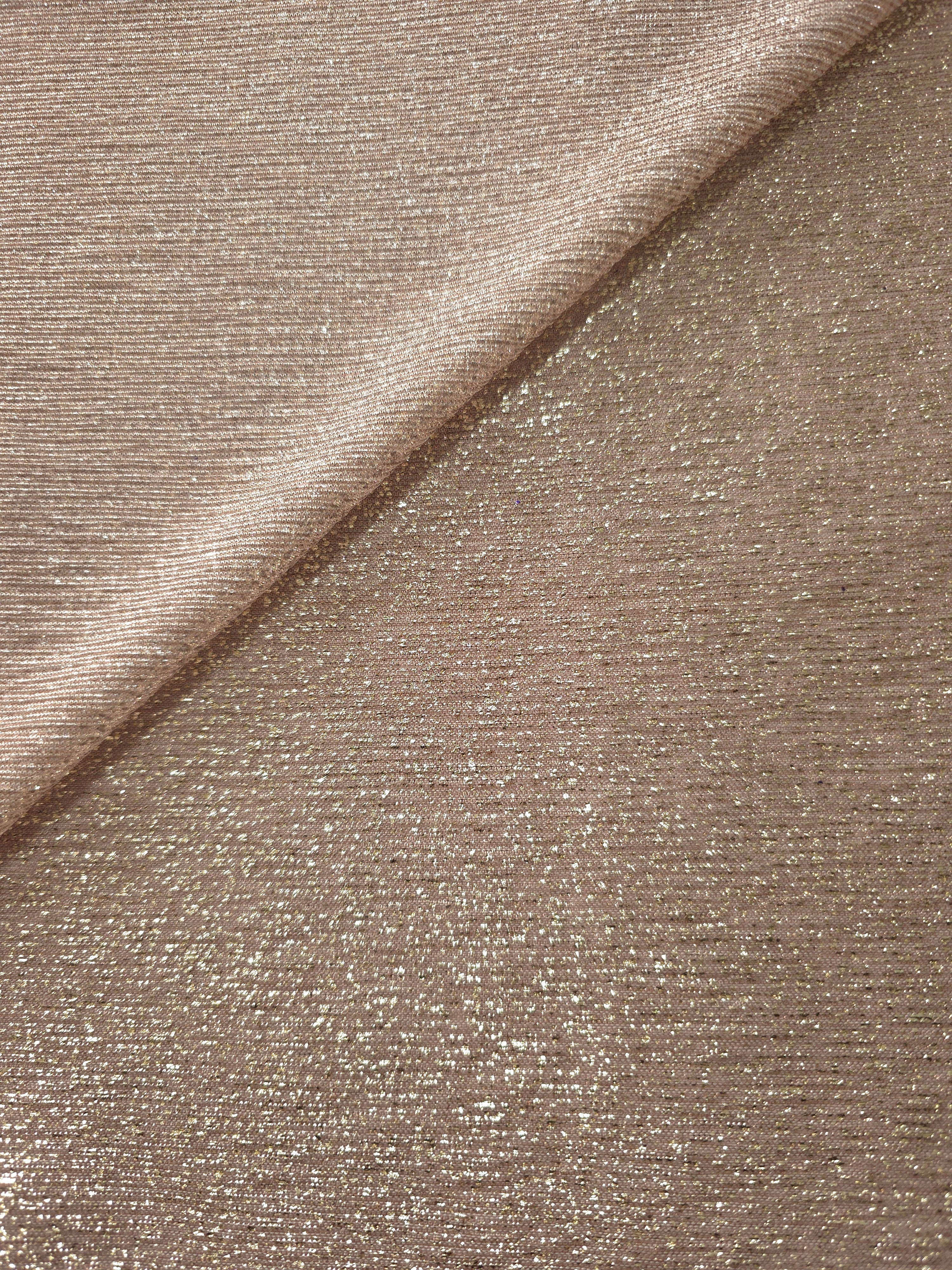 Front and back of Champagne Beige Sheer Glitter Stretch Tulle Fabric showing transparent knit construction and flexible 4-way stretch