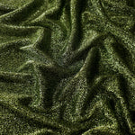 Front and back of Olive Green Sheer Glitter Stretch Tulle Fabric showing transparent knit construction and flexible 4-way stretch