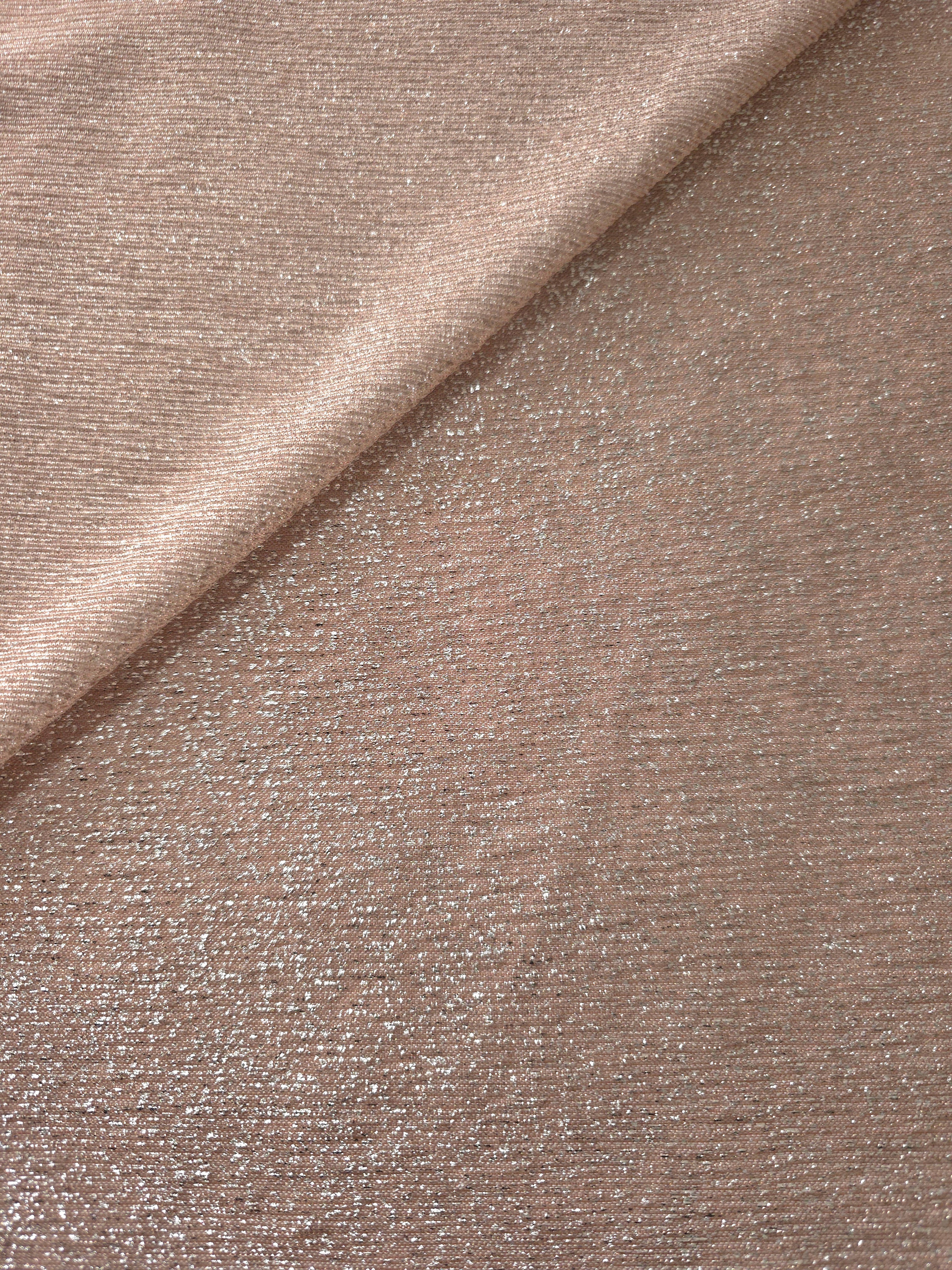 Front and back of Rose Taupe Sheer Glitter Stretch Tulle Fabric showing transparent knit construction and flexible 4-way stretch