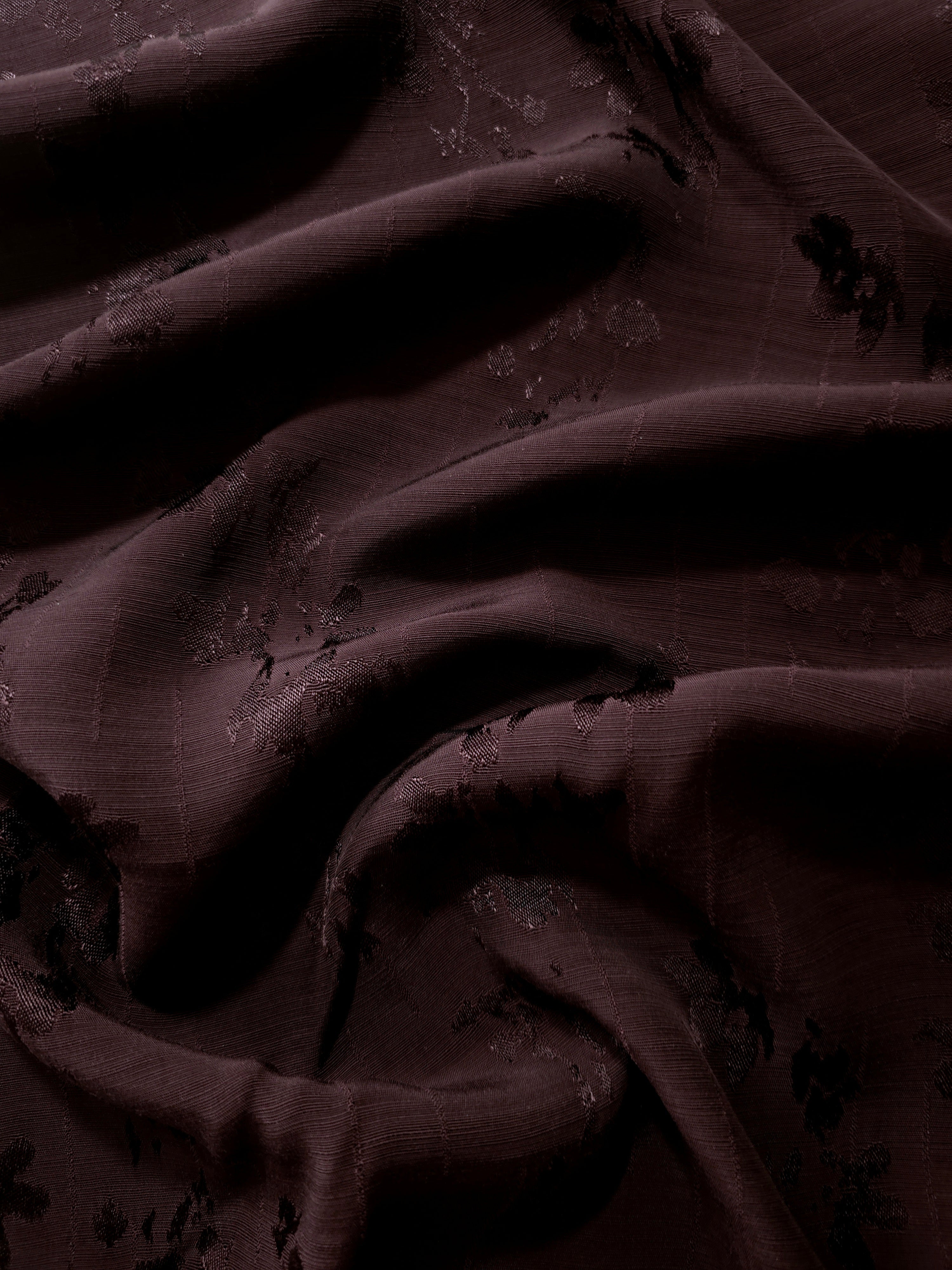 Deep burgundy trailing rose vine viscose rayon jacquard softly draped for romantic kaftans, long gowns and fluid open-front abayas.