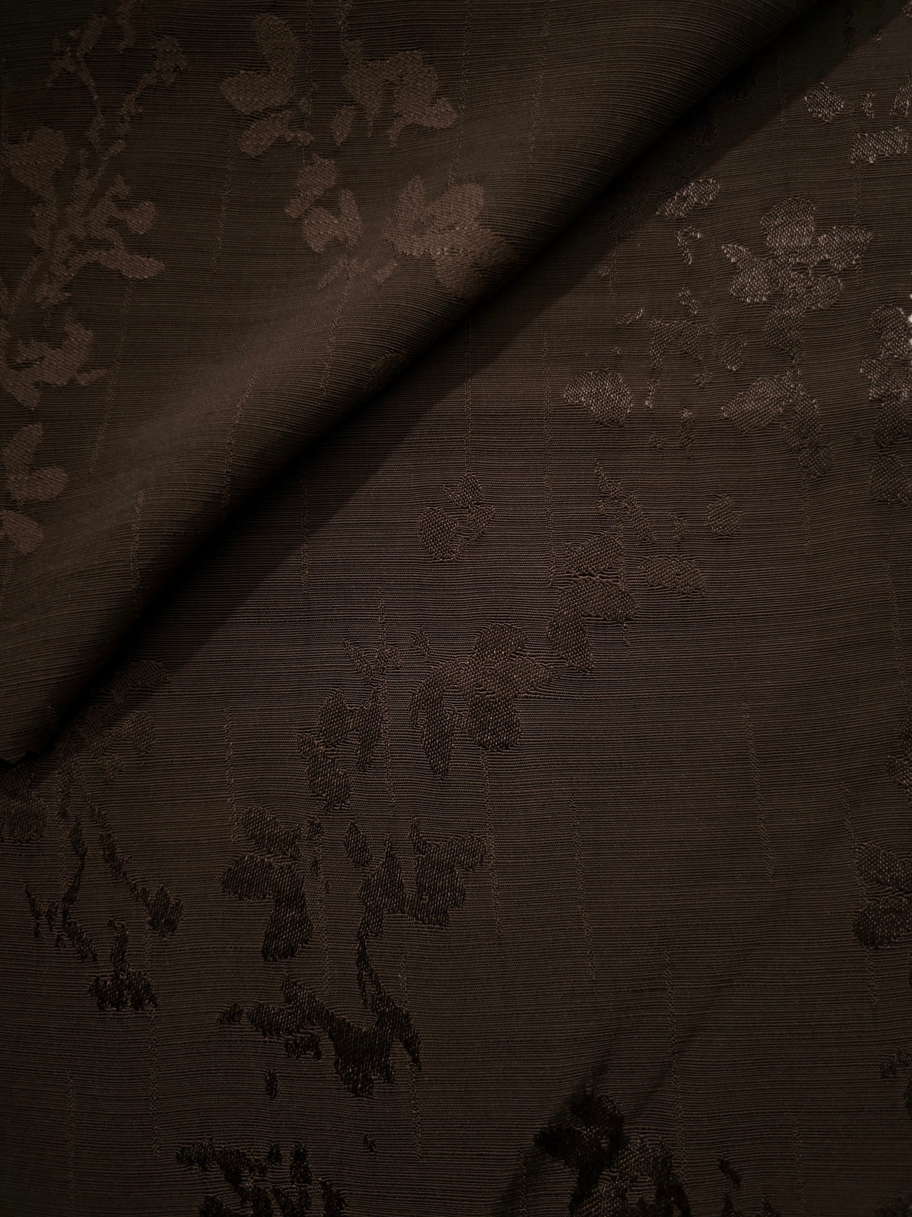 Front and reverse view of espresso brown rose vine rayon jacquard, useful for lined tunics, loose robes and tailored long dresses.