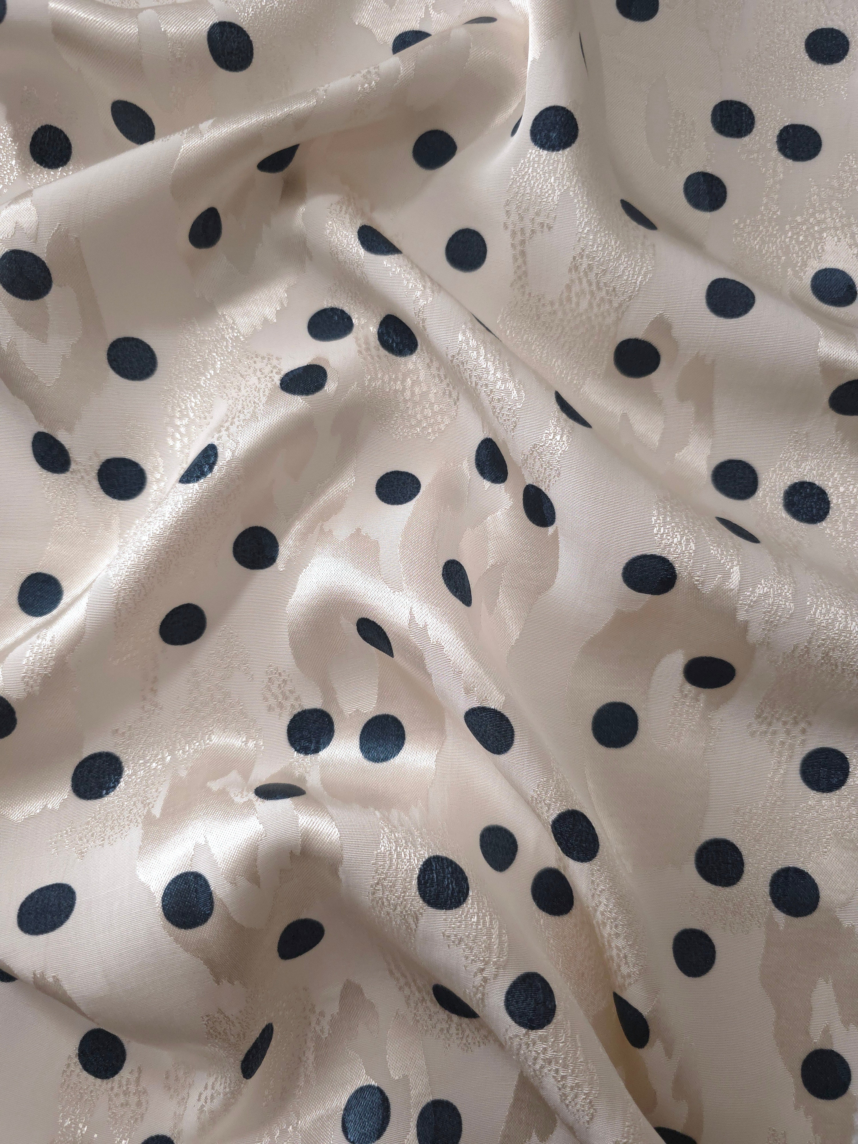 Teal and vanilla cream polka dot Turkish rayon viscose jacquard fabric wave view