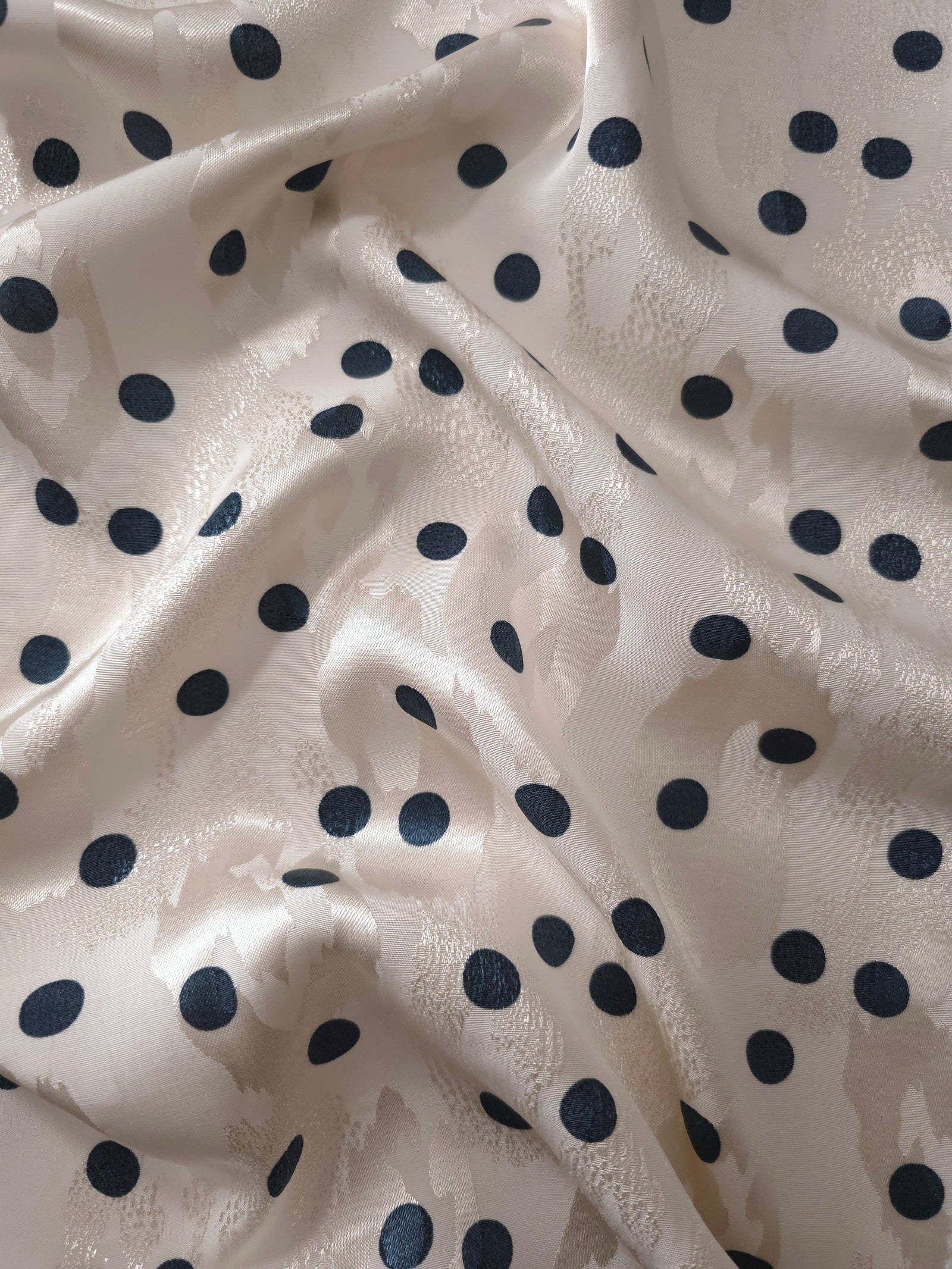 Teal and vanilla cream polka dot Turkish rayon viscose jacquard fabric wave view