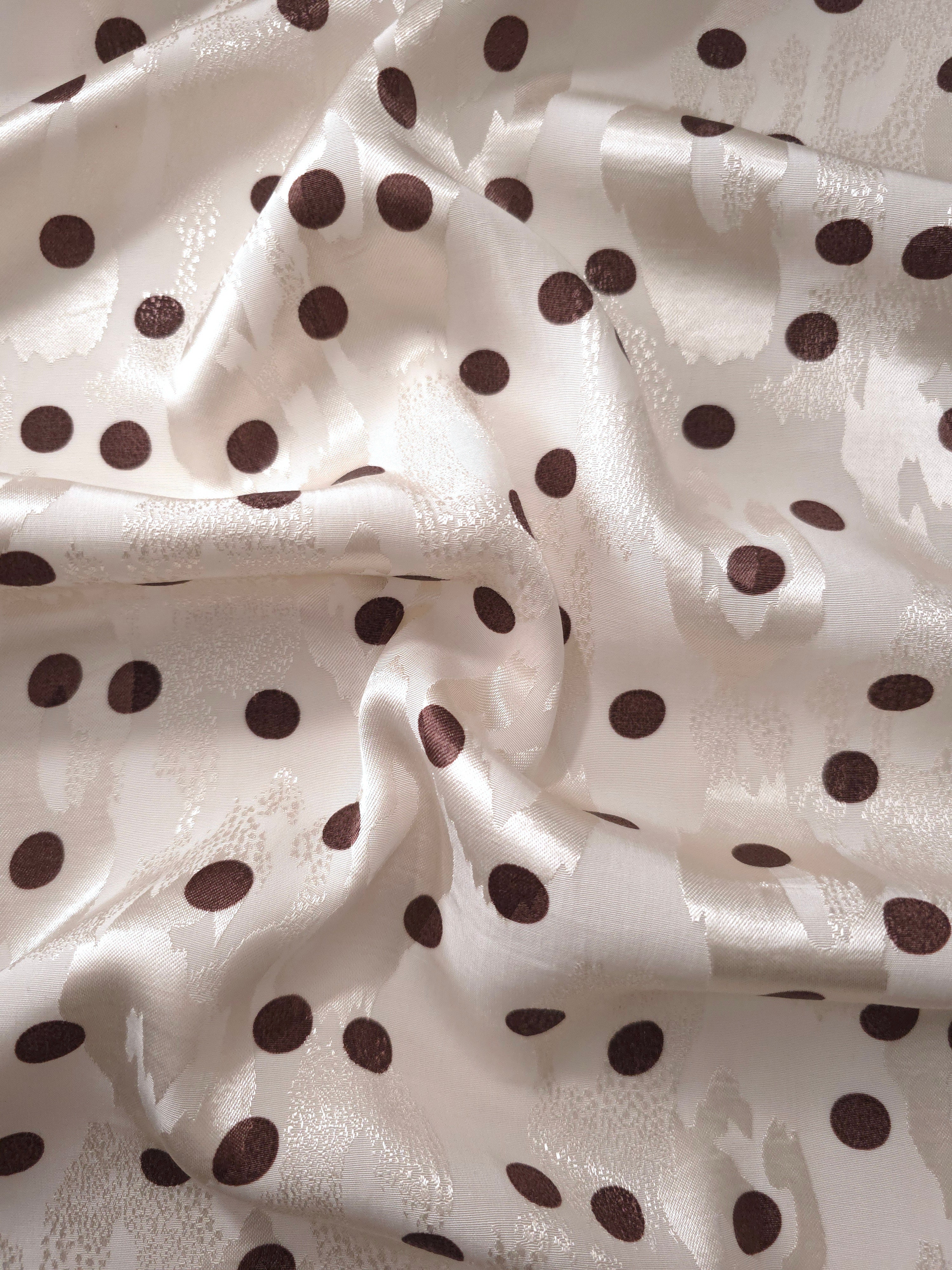 Brown and vanilla cream polka dot Turkish rayon viscose jacquard fabric wave view