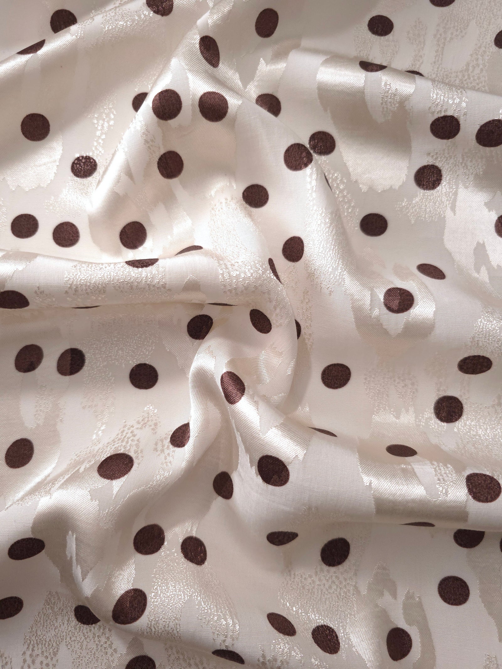 Brown and vanilla cream polka dot Turkish rayon viscose jacquard fabric wave view