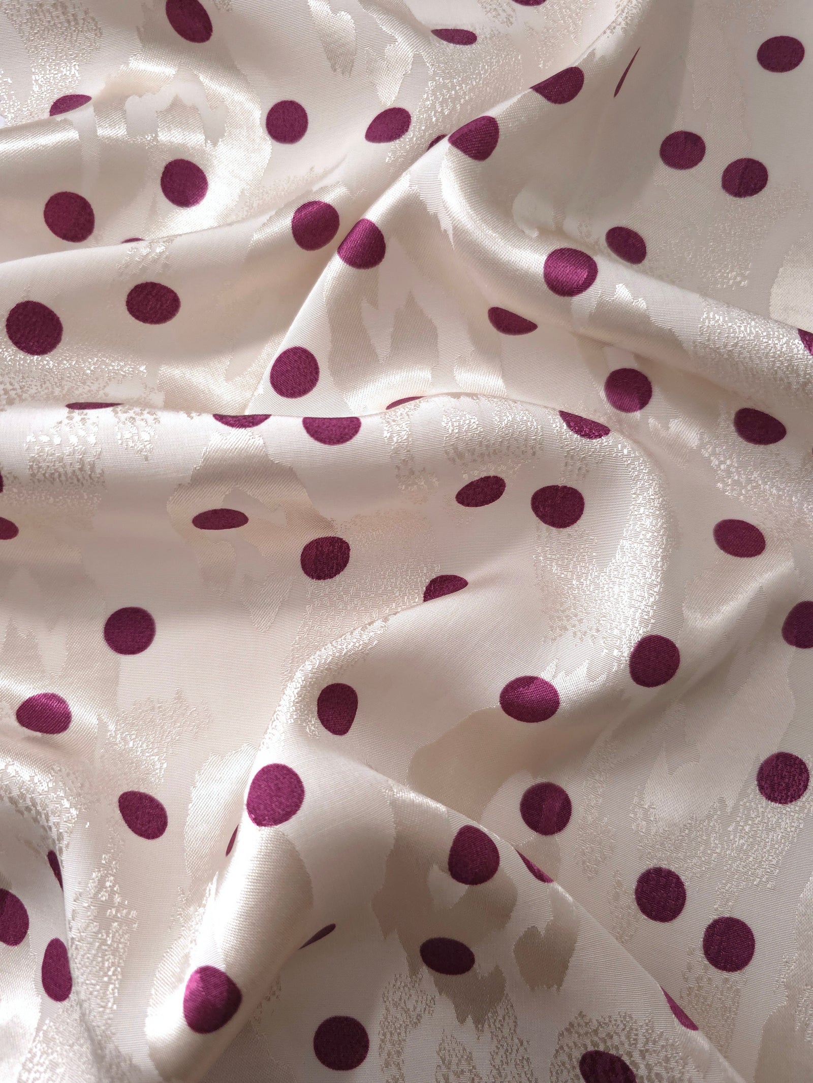 Purple and vanilla cream polka dot Turkish rayon viscose jacquard fabric wave view