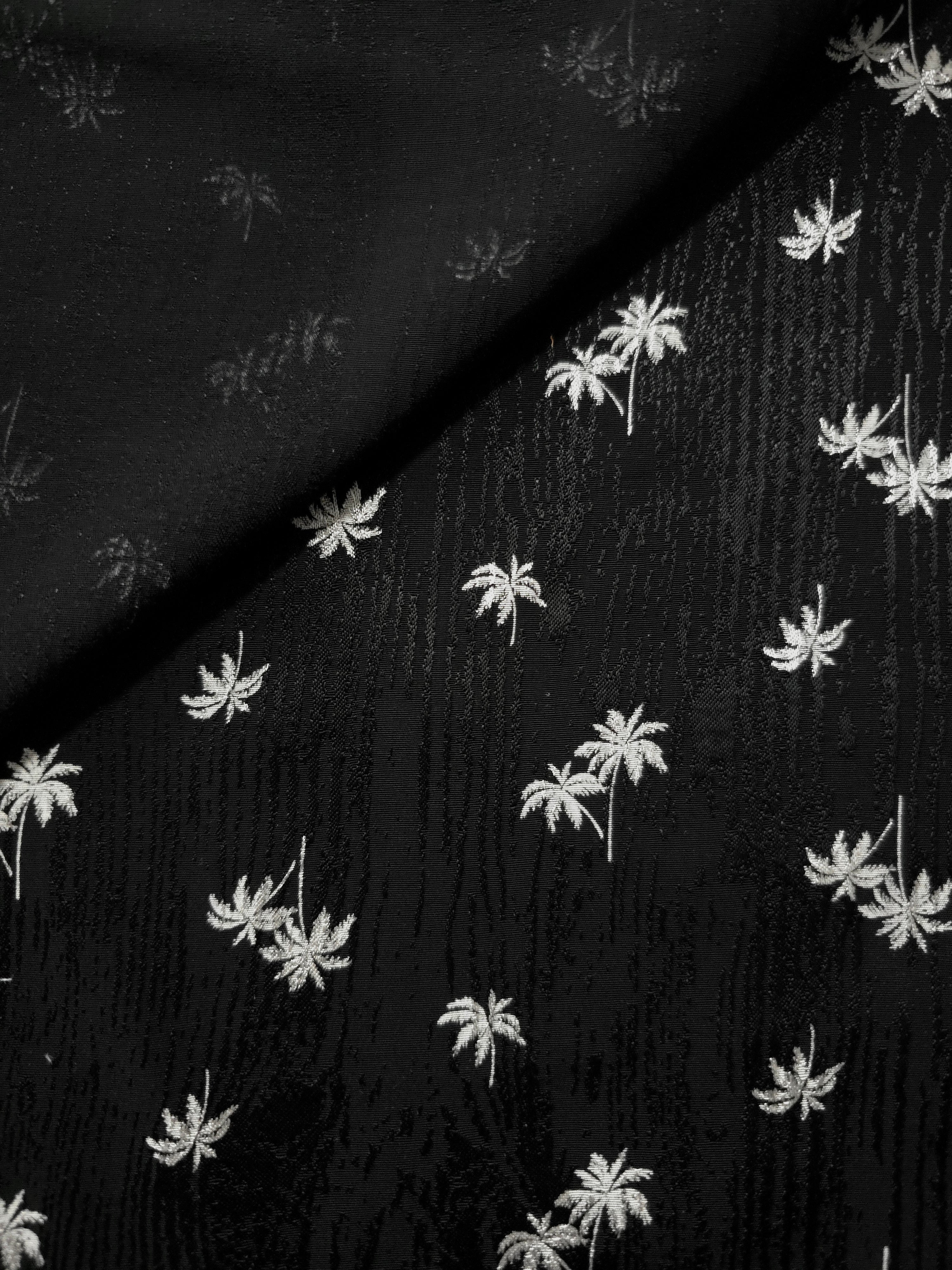 Face and reverse comparison of jet black Turkish jacquard for reversible details, kaftans and structured tunics.