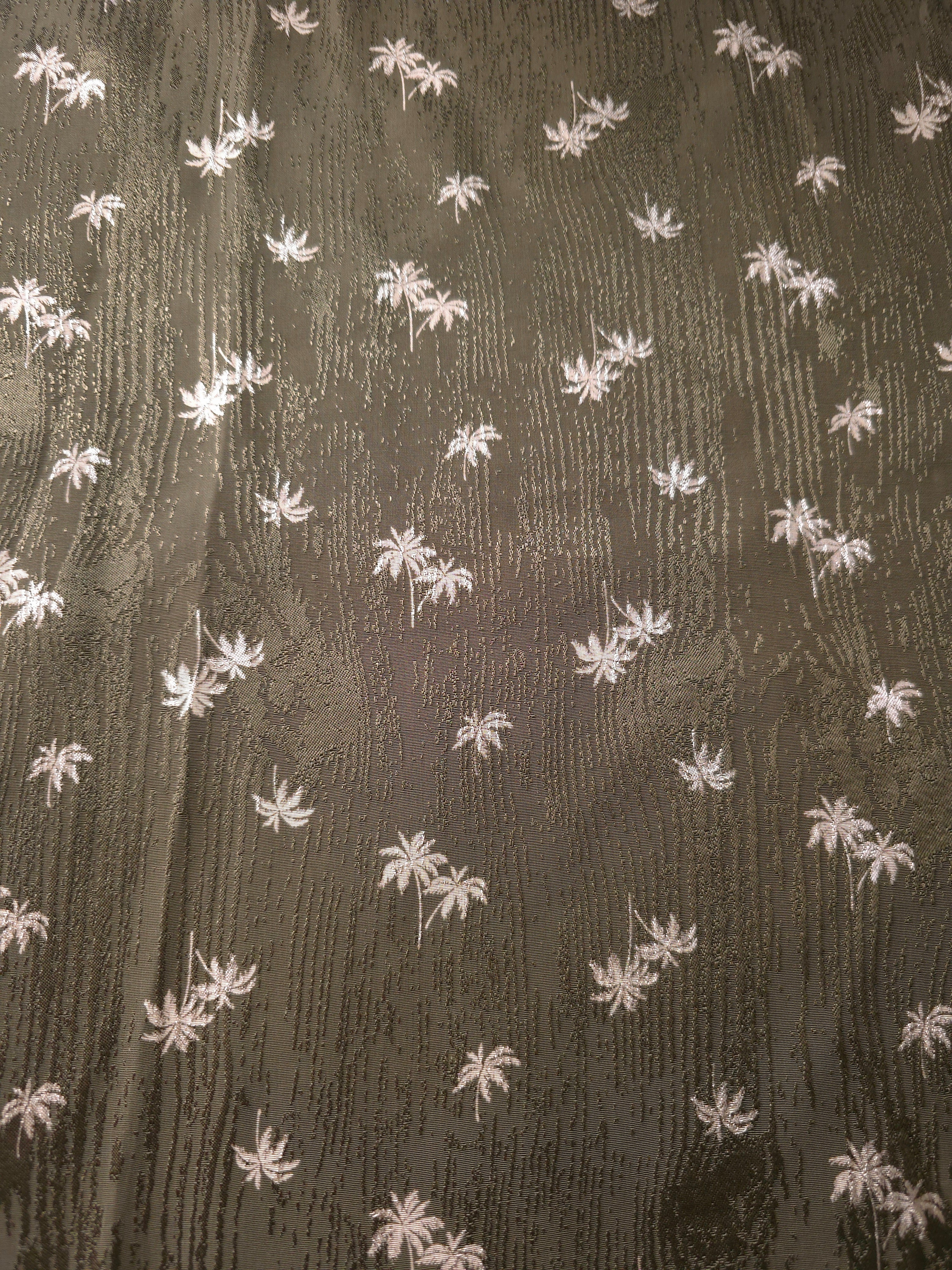 Full olive green mini palm tree pattern on Turkish rayon viscose jacquard for blouses, tunics and shirt dresses.