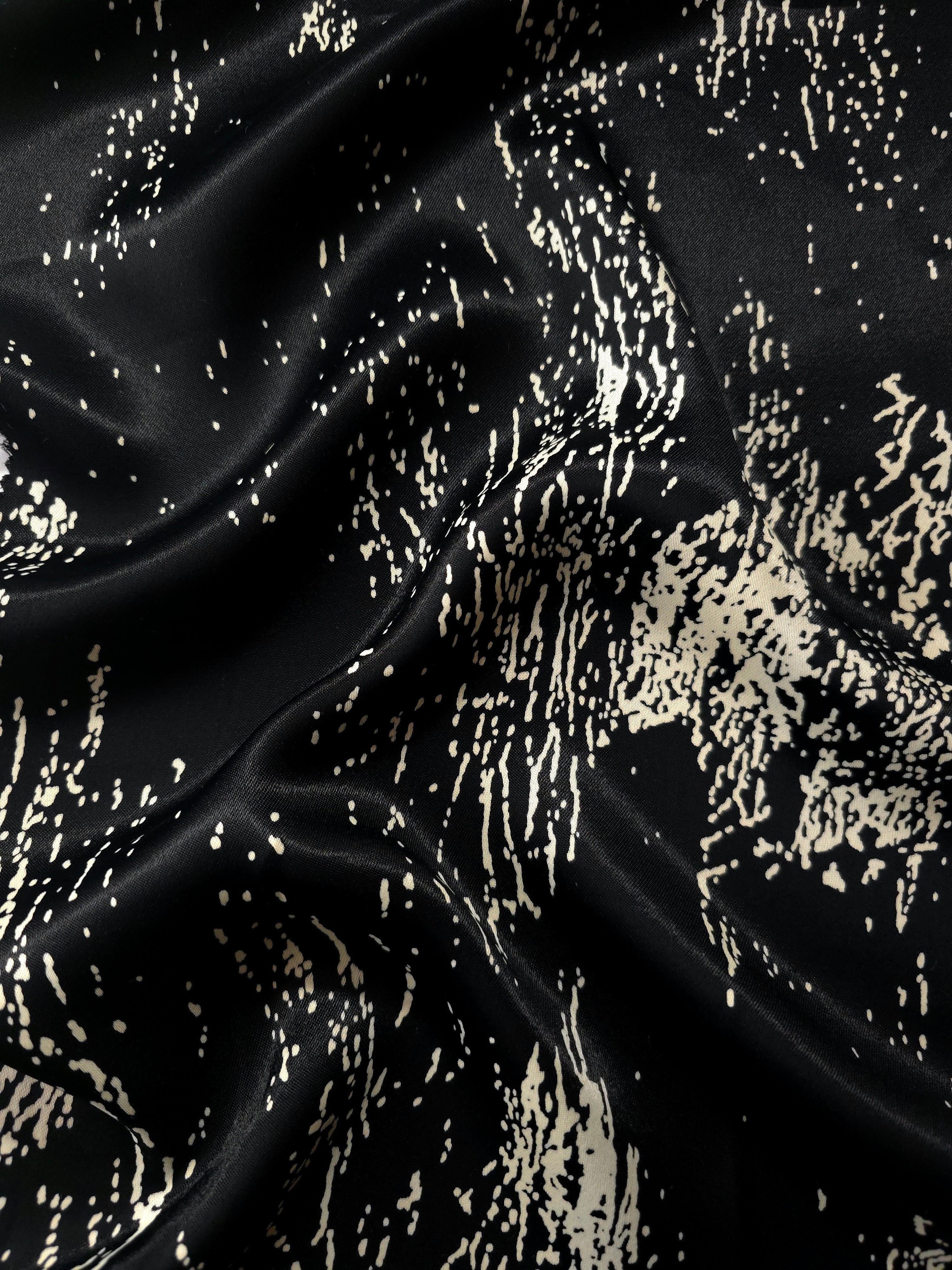 Wave shot of Formal Black - Charcoal silky rayon fabric with tonal ink line print for occasionwear abayas.