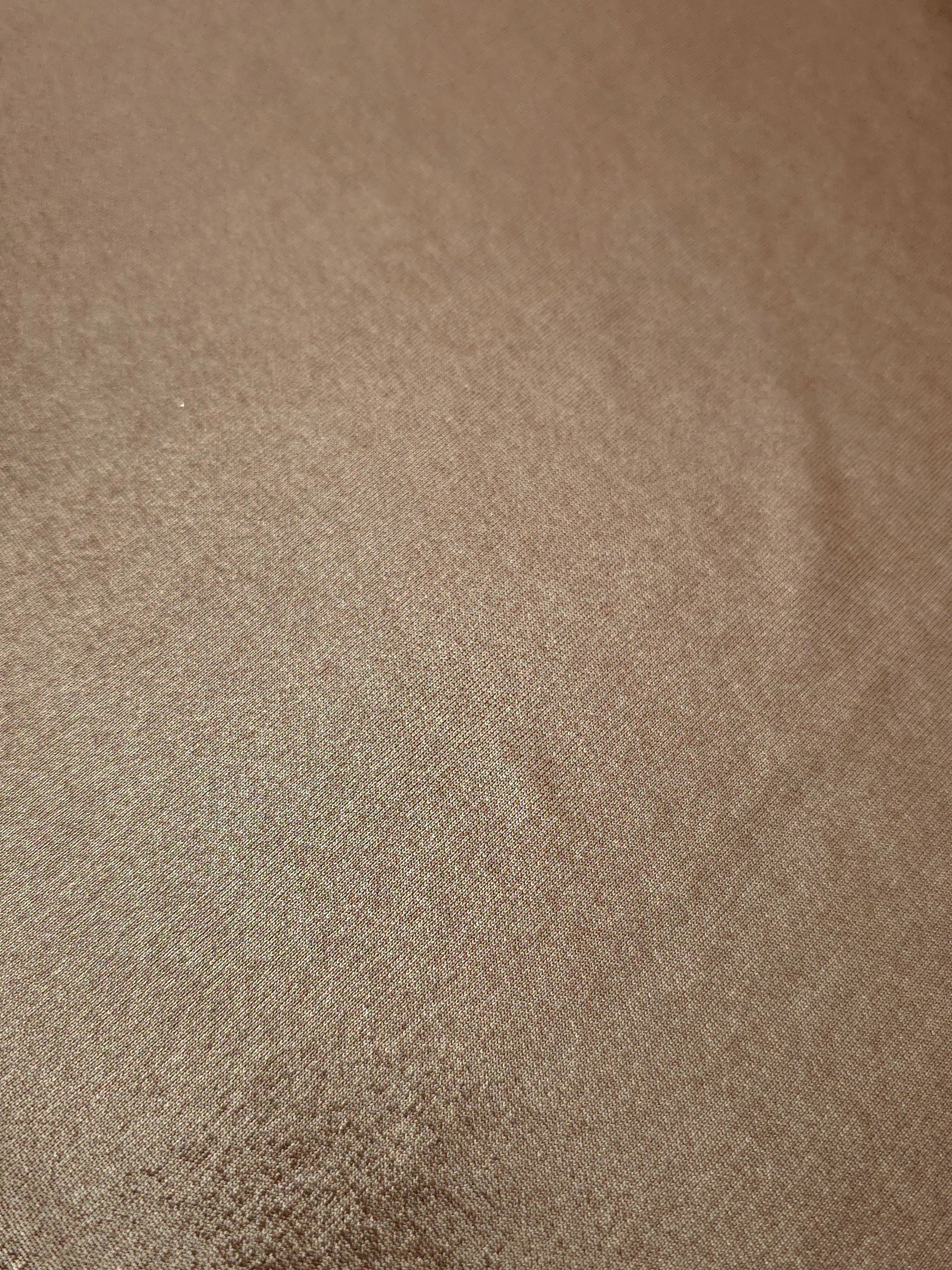 Warm Taupe Beige shimmer stretch fabric close-up, revealing metallic foil texture and reflective detail for fashion and costume sewing